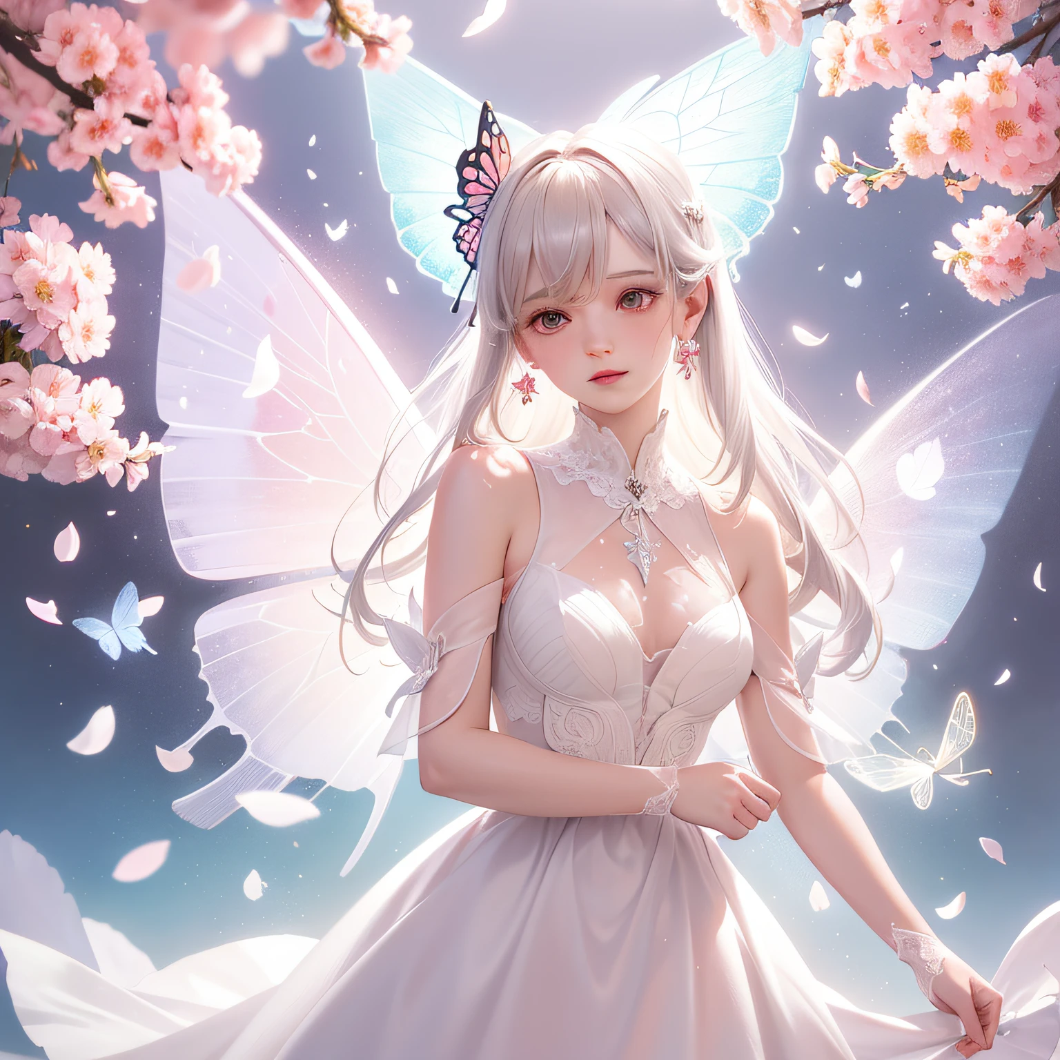 Holy Light Butterfly Angel Girl, Butterfly wings, , in the style of rococo pastel hues, Light white and light dark red, Unbelievably beautiful, Cherry blossoms, Sparkling surreal, Ethereal, Elsa Bleda, stockphoto, Blend realistic, Fantasy elements, ,Intricate patterns, Delicate lines