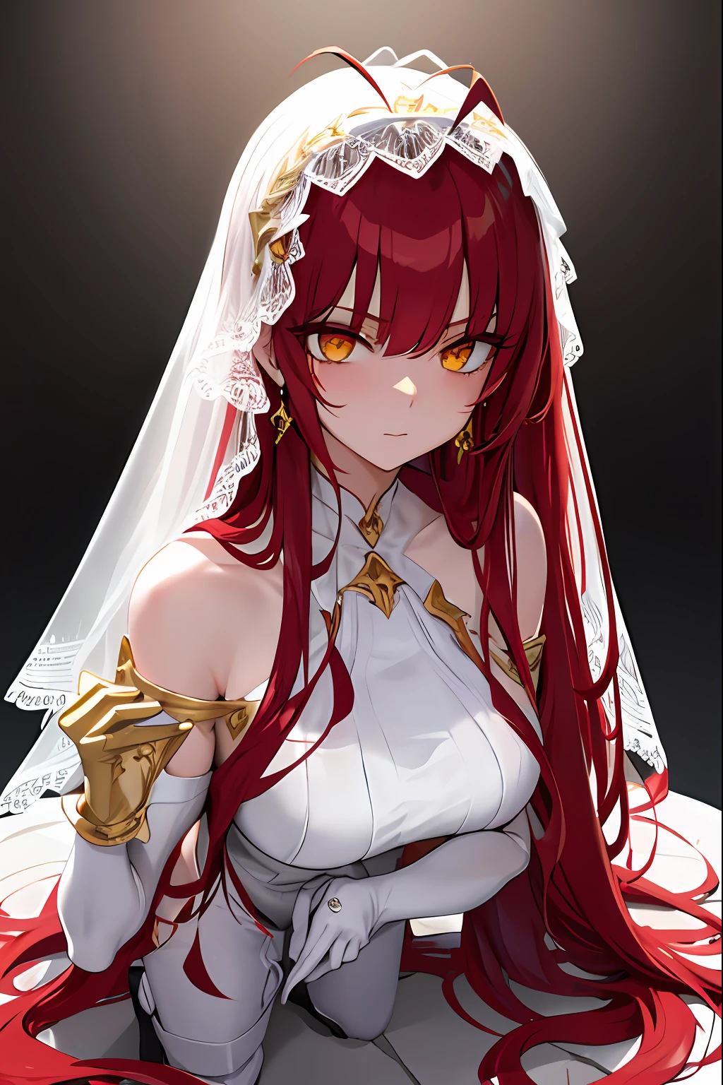 masterpiece, best quality, 1girl, long hair, big bust, very long red hair, yellow eyes, hair separed, white dress, gold, ruby earrings, good anatomy, red gloves, boots, heels, evil, emotionless, intimidant, bloody, detailed eyes, dark background, close up, ((detailed eyes)), beautiful eyes, hair bang, frontal look, hair antenna, ((white veil))