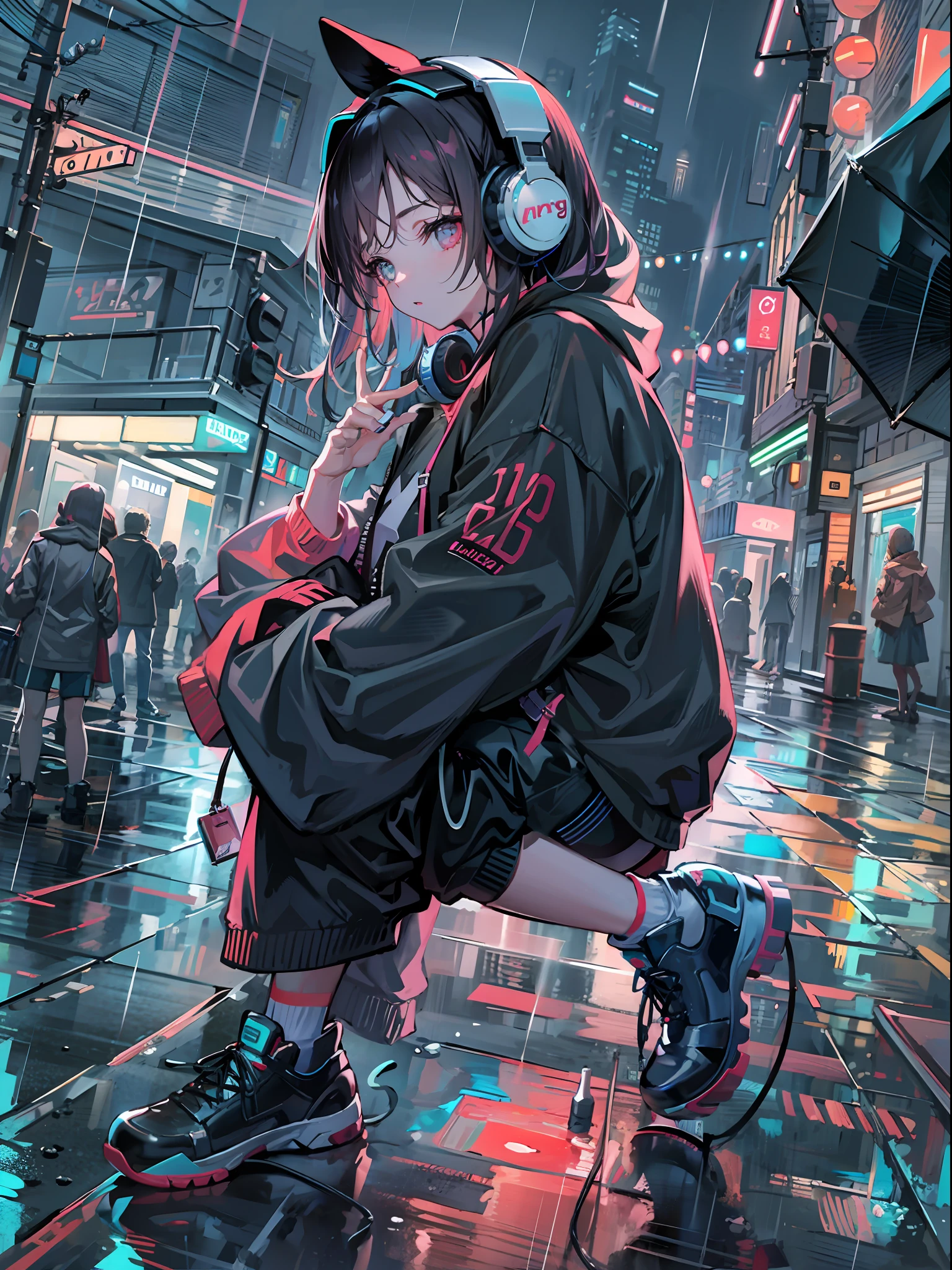 masterpiece, girl alone, solo, incredibly absurd, hoodie, headphones, street, outdoor, rain, neon,