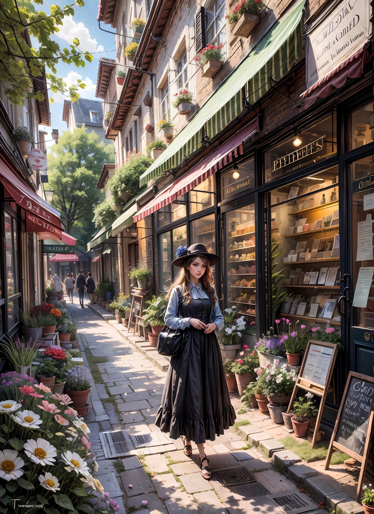 Hyperrealism detailed, there is a woman with green eyes, fullbody, in front of a flower shop with a green awning and flowers, flower shop scene, french impressionism, by Pierre Toutain-Dorbec, inspired by Robert Antoine Pinchon, by Pierre Roy, impressionistic painting, professional oil painting, impressionist oil painting, by William Didier-Pouget, by Vincent Pepi, inspired by Antoine Blanchard