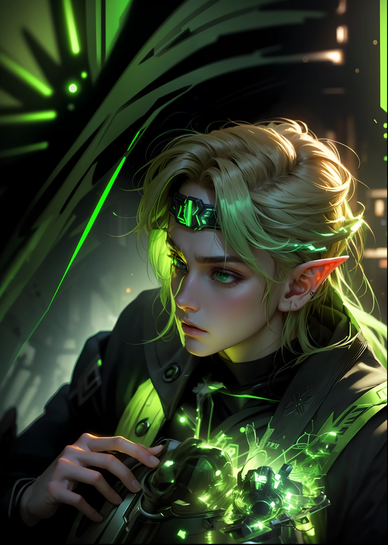 ultra detail, high resolution, ultra detailed, best quality, amazing, top quality, extremely detailed CG 8k wallpaper unit, cinematic lighting, Zelda cyberpunk link, cyberpunk, dark boy, green clothing, green armor, neon berde, blond hair, elf,18 year old