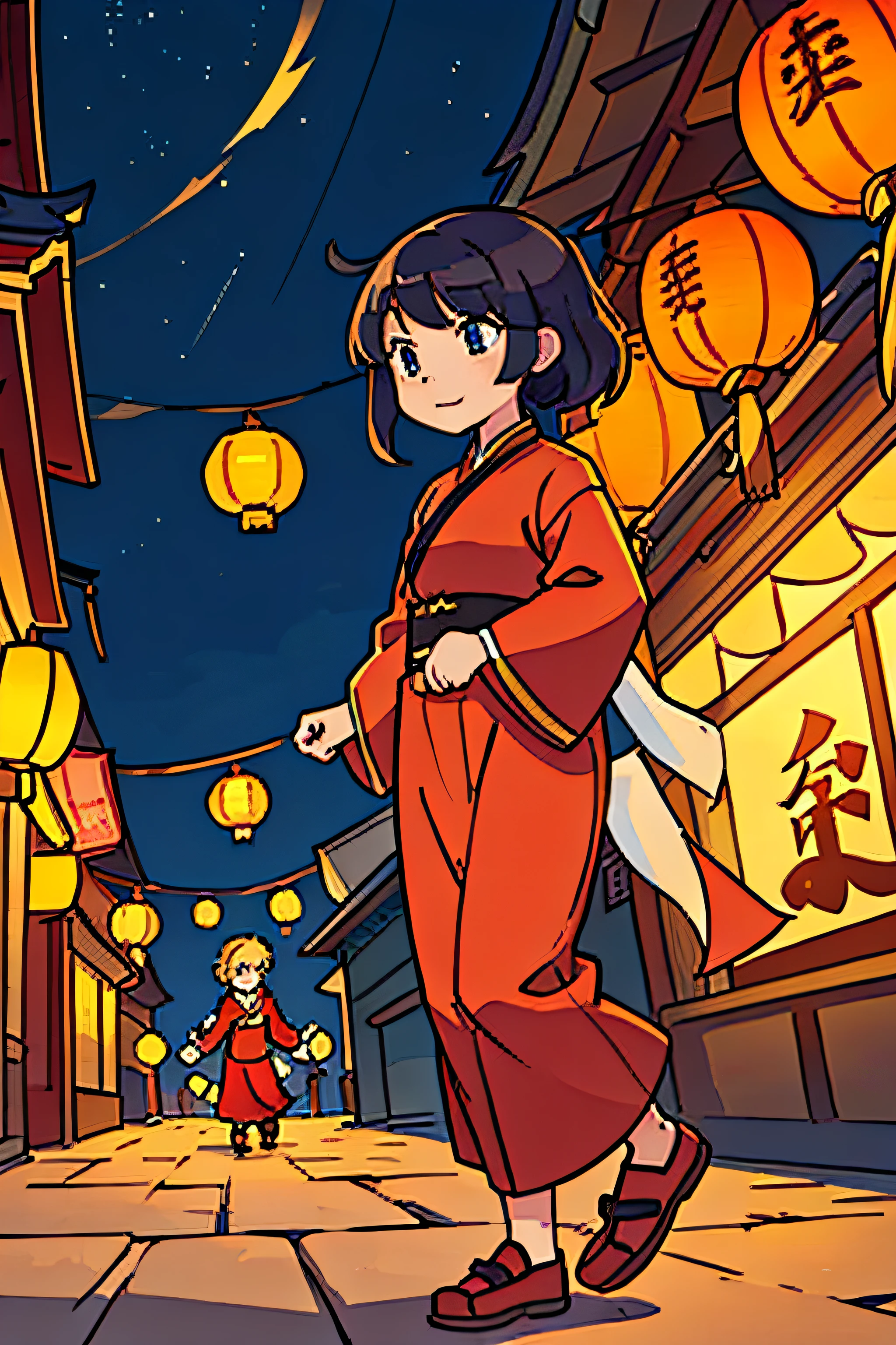 bit girl,Chinese style buildings,the night,lanterns,Yellow dog,Hanfu,brunette color hair,2D,cartoony,anime。red attire