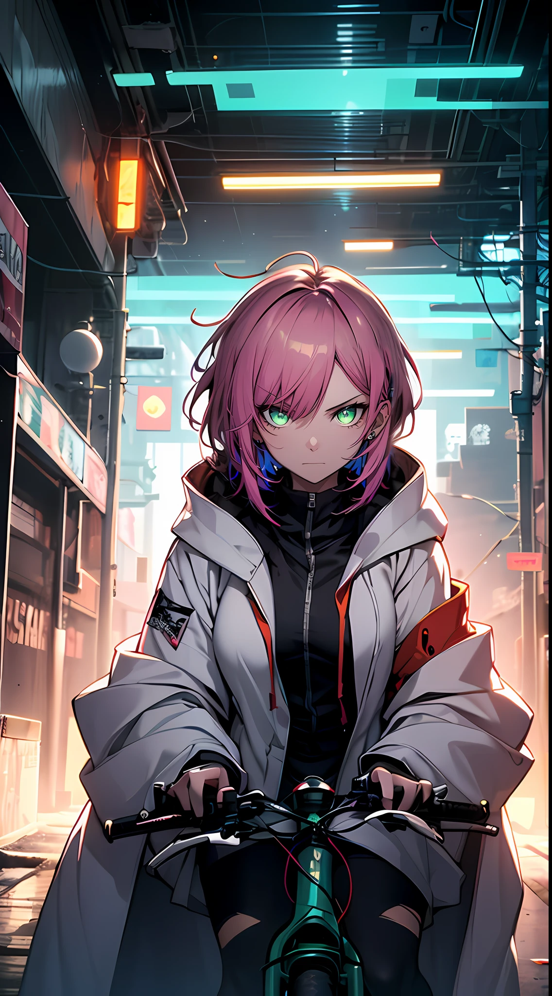 tmasterpiece, 4k wallpaper, cinematric light, hoang lap, protrait 1girl,(Colorful paint splashes),(Cyberpunk Style),(sparkle eyes:1),Green eyes,(Indifferent expression:1),(Luxurious white robe),城市,neonlight,(pink short hair:1.331),Cold,Handsome girl,Aggressive stance,((Glowing green eyes)),Offensive stance,bikes,Riding position,(darkly),The body glows