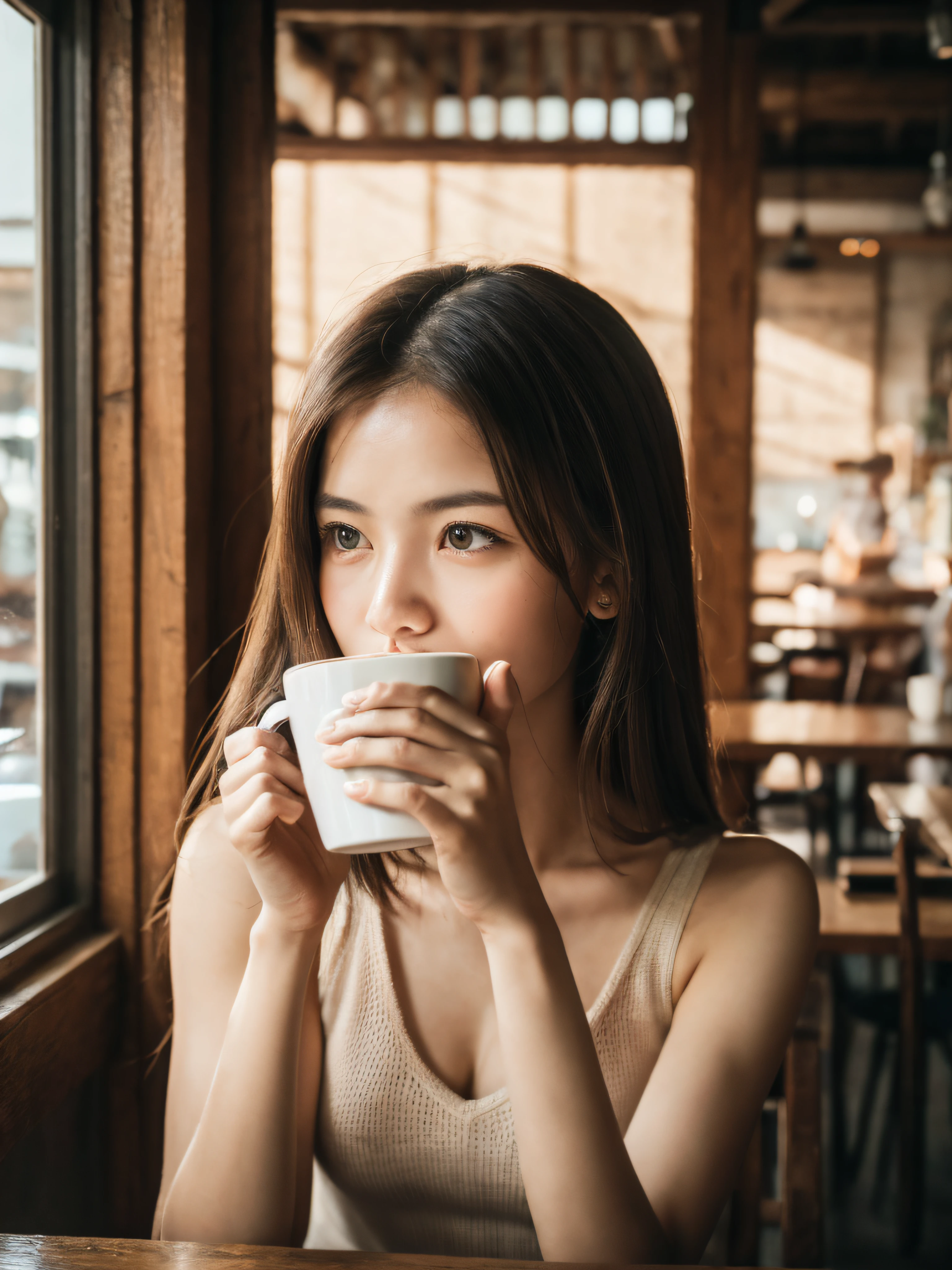 RAW photo, a woman drinking coffee at a rustic cafe, (photo-realistic:1.5), (RAW photo, 8k uhd, film grain), extremely delicate and beautiful, highres, sharp focus, extremely detailed, masterpiece, cinematic lighting, (high detailed skin:1.2), dslr, soft lighting, high quality, film grain, Fujifilm XT3