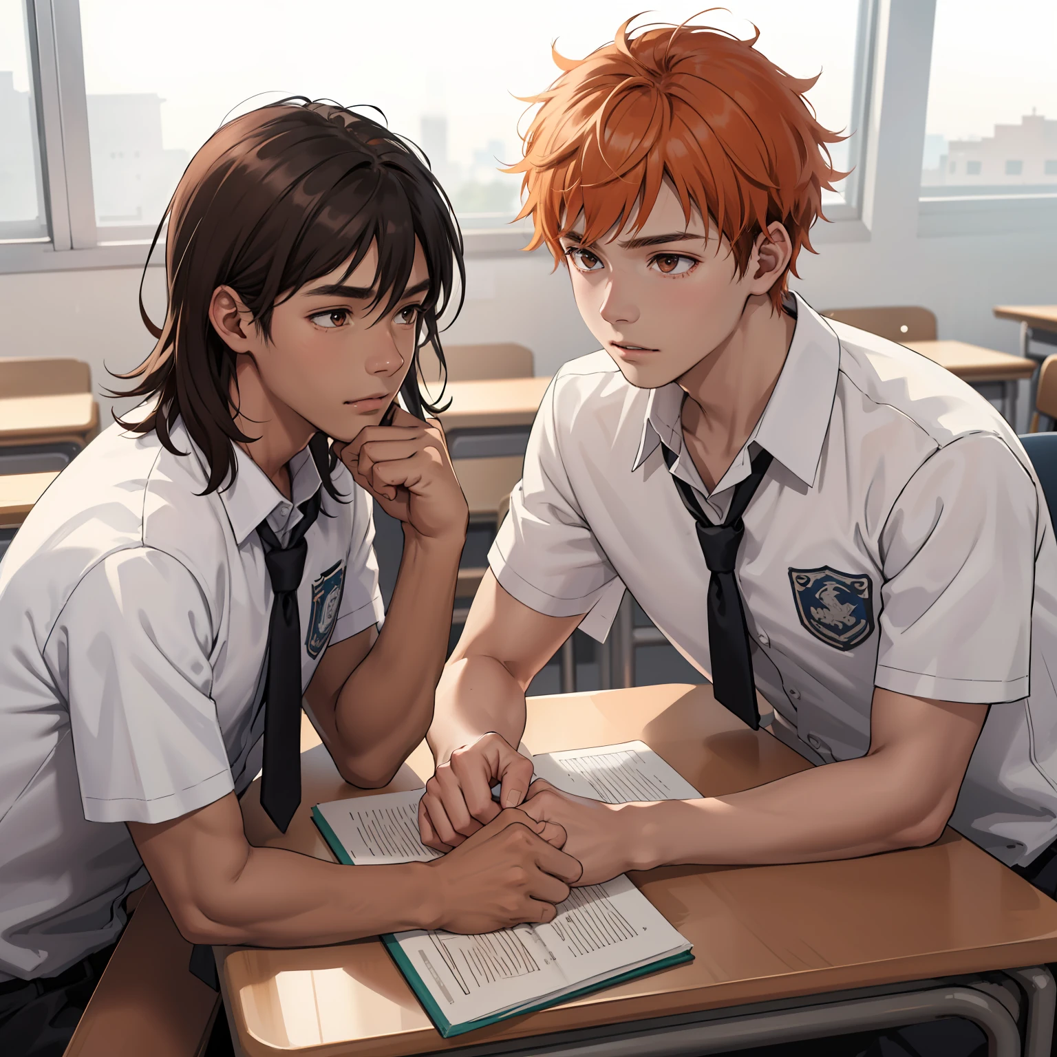 -yeld maadolescents with brown Latin skin and orange hair, usan uniforme de secundaria color blanco, estan en la escuela hablan preocupados sobre algo importante que sucedera