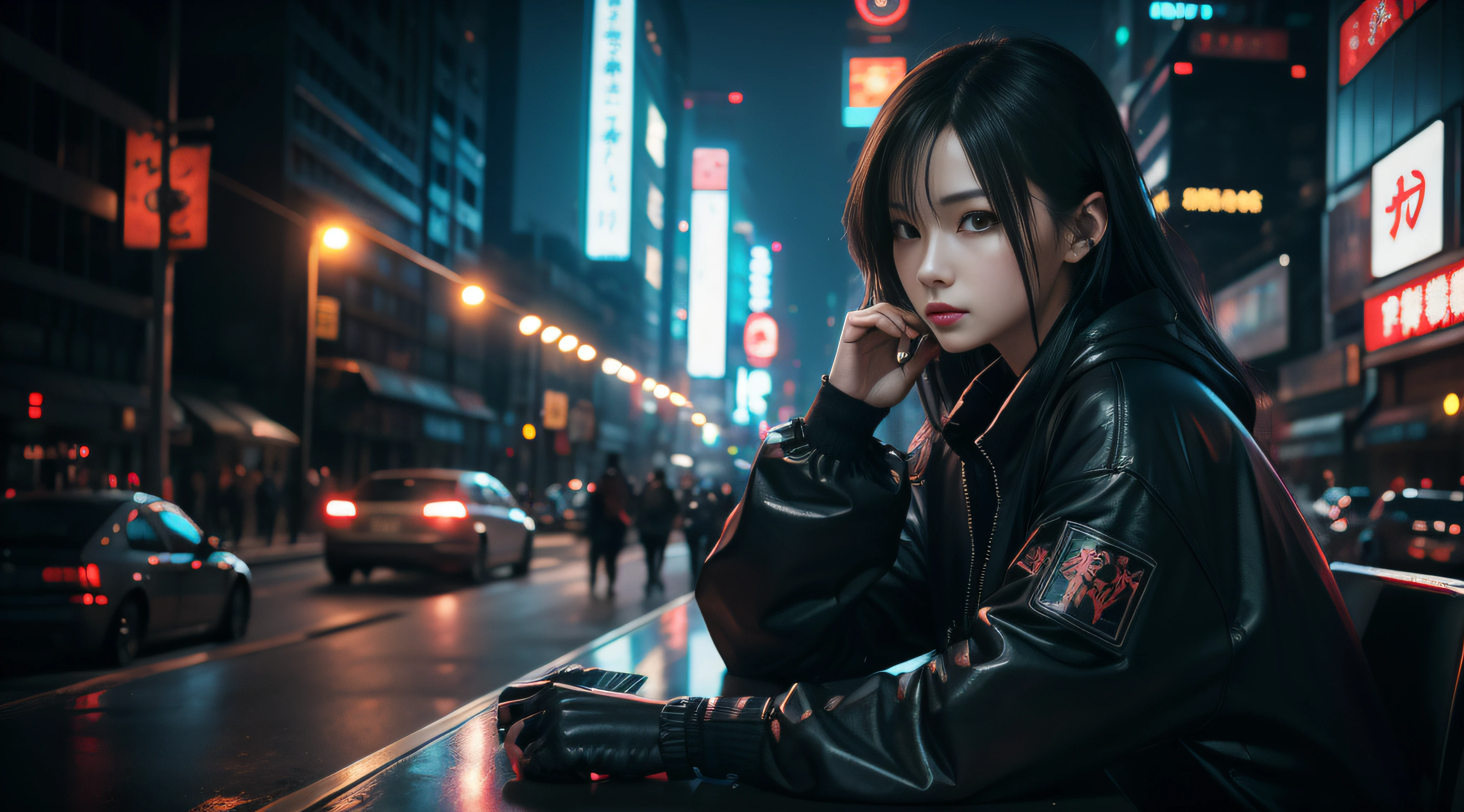 masterpiece、hightquality、Soio、beautiful model、Back lighting、beautiful hairl、A detailed eye、Dramatic scenes、À la Fed woman sitting on a city bench with neon sign, Blade Runners Air、full body Esbian、Cinematic. leng jun, Anime style mixed with Fujifilm, mid shot portrait, cyberpunk streetwear, Inspired by Liam Wong, inspired by Kanō Naizen, cyberpunk vibe, cyberpunk photo, muted cyberpunk style, Medium shot portrait, hyper-realistic cyberpunk style, wearing cyberpunk streetwear、Powerful Hand Pose、low angles、wide-angle lens、14mm lens、sigma、Depth of subject、8K High Resolution、细致背景、Drawing with enhanced hair details、A detailed face、more hair、Detailed nose、Detailed mouth、Detailed body、stares at the camera、Hair details