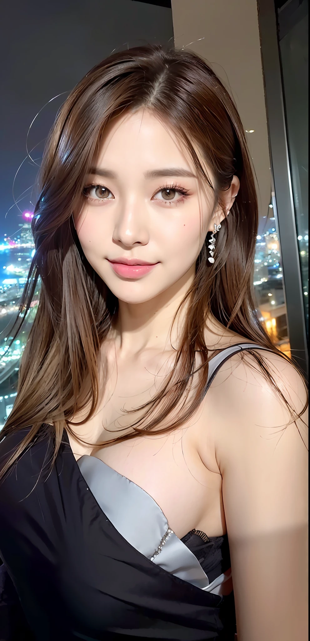 (1 girl in love), (medium big: 1.3), ((no bra)), ((Background of beautiful night sea and night view seen from the rooftop of a skyscraper: 1.4)), ((Grabbing the viewer's hand)), (Representative work: 1.3), (Maximum resolution: 1.4), (Ultra HDTV: 1.2), Cinema light, Ultra HDTV, (Detailed eyes and skin), (Detailed facial features), HDR, 8k resolution, Perfect style, beautiful face, highly detailed face and skin texture, detailed eyes, double eyelids, glitter eyeliner: 1.2, pale cheeks, shiny skin, fair skin: 1.2, shiny little neck and earrings, shiny lips: 1.2, ((Full body shot: 1.2)), ((From a very intimate distance: 1.2)), (Button Up Holter Neck Bodycon Mini Dress: 1.3)) (layered hairstyle, dark brown hair), medium long hair, (very seductive smile: 1.2), medium big: 1.3