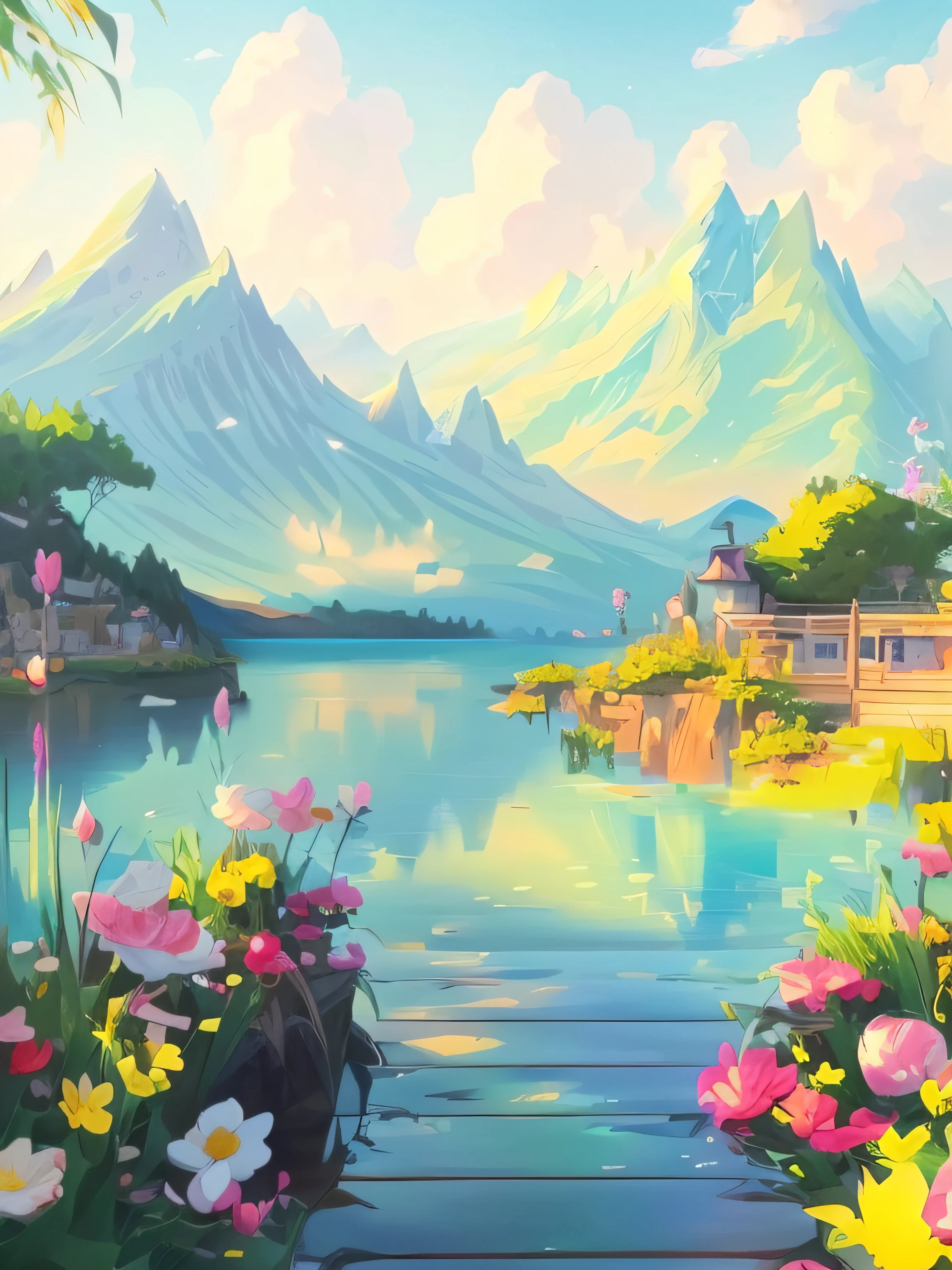 Lake painting with a flower mountain as the background, beautiful anime scenery, landscape artwork, anime landscape wallpapers, Detailed scenery —width 672, Anime landscape, Anime landscapes, anime beautiful peace scene, scenery art detailed, anime countryside landscape, anime nature wallpap, Beautiful art UHD 4 K, Anime background art, anime backgrounds, beautiful anime scenes
