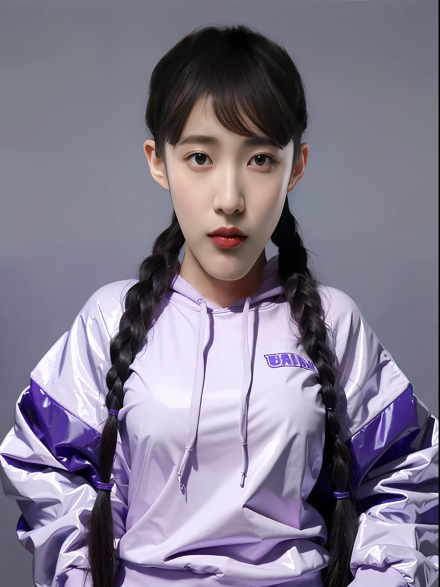 A Chinese high school girl，Full breasts，Wearing a purple PVC sweatshirt，long braid