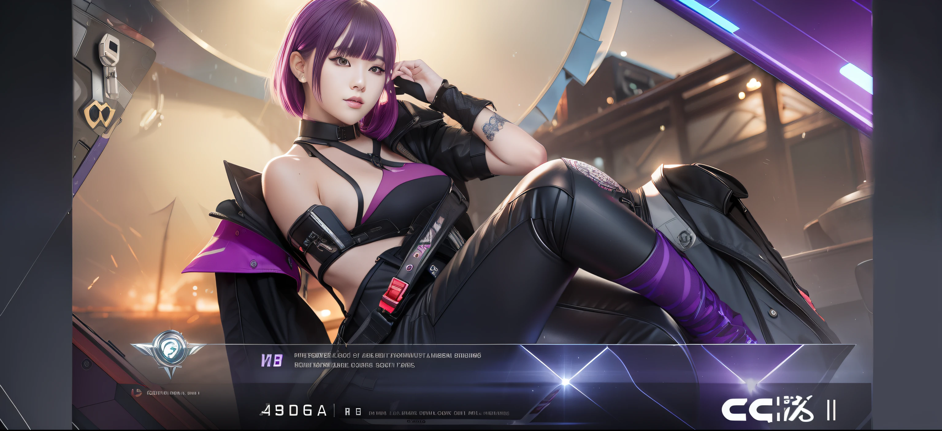1girl, Ixia, Mobile Legends , Black Jacket, Short Hair, Black Glove , Red Long Pants , Purple Hair, Realistic , Ultra Detail , 70mm Lens