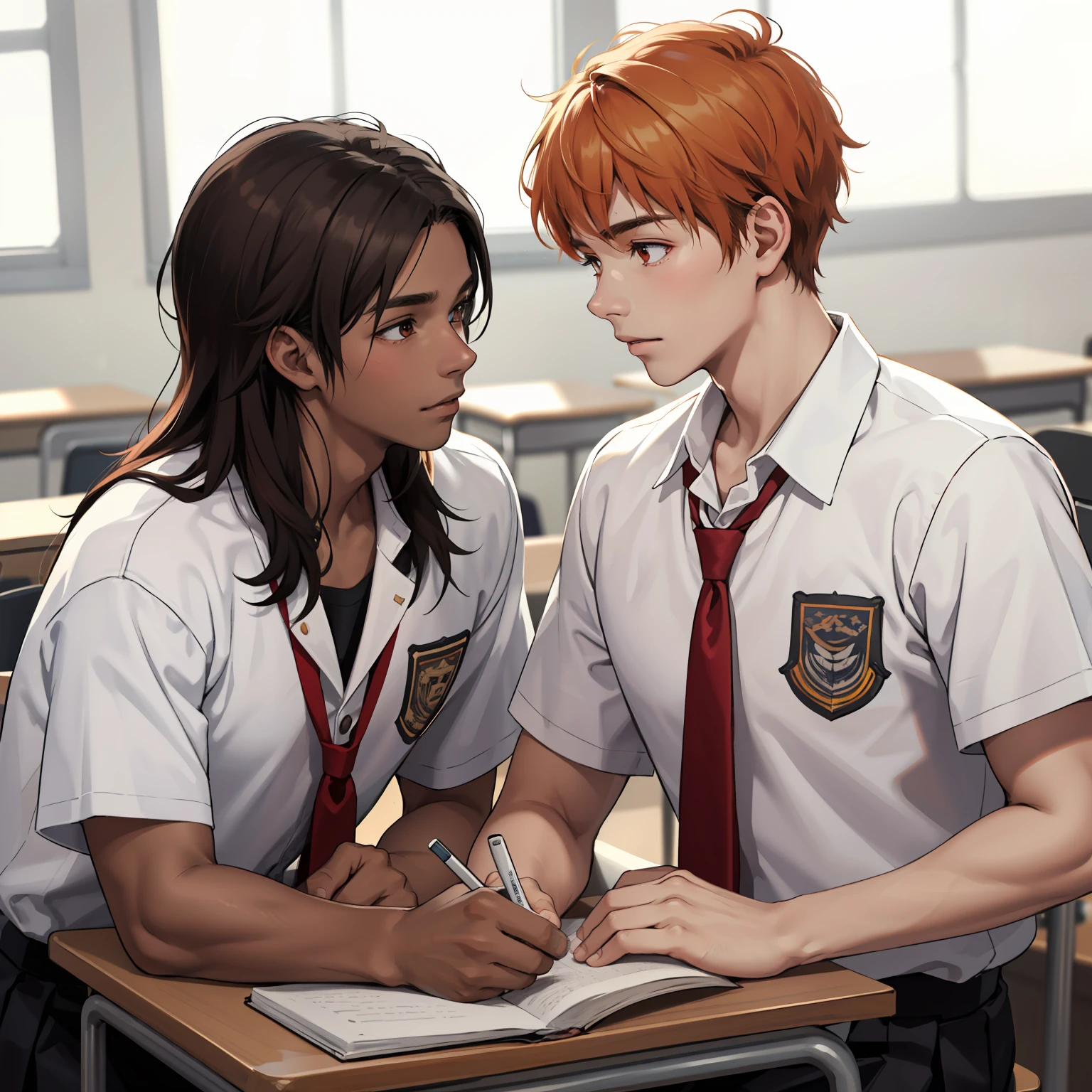 -yeld maadolescents with brown Latin skin and orange hair, usan uniforme de secundaria color blanco, estan en la escuela hablan preocupados sobre algo importante que sucedera