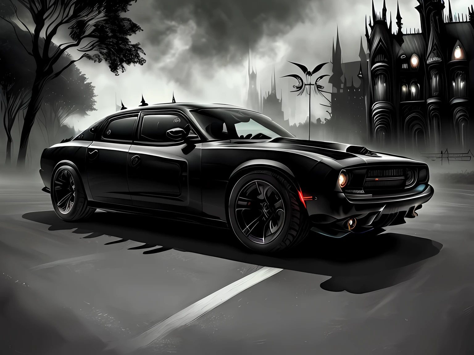 ((futuristic gothicpunk dodge charger)), at the parking lot,
