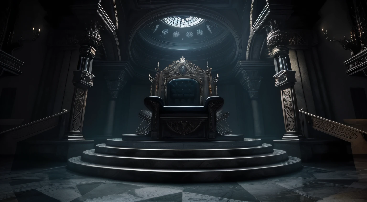 A closeup of a throne in a dark room with a clock, deitado um trono em uma terra de fantasia, arte conceitual escura fotorrealista, fantasia sombria medieval, em uma sala do trono, trono, Sala do Trono, Trono quebrado, sentado no trono, Sala do trono decadente, sentado no intrincado trono, sentado em um trono de pedra, O Trono Brilhante, sentado em um trono