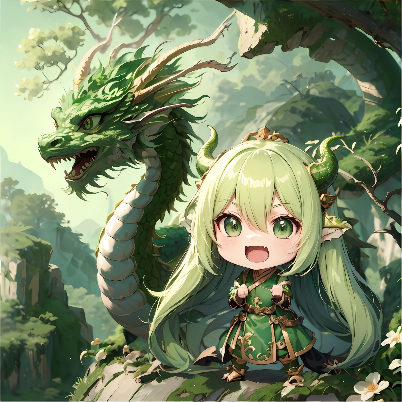 Anime girl sitting on rock，Faucet and green hair, the dragon girl portrait, Dragon girl, drak, Anime fantasy illustration, Anime fantasy artwork, Cute detailed digital art, by Yang J, shadowverse style, Chinese fantasy, Detailed digital anime art, cute little dragon, Digital anime illustration, queen of dragons, 4k manga wallpapers, Green Dragon，One is wearing green dragon armor，A girl with long green hair with dragon horns on her head，and clench your fist，The look is fierce，In the background is a green dragon