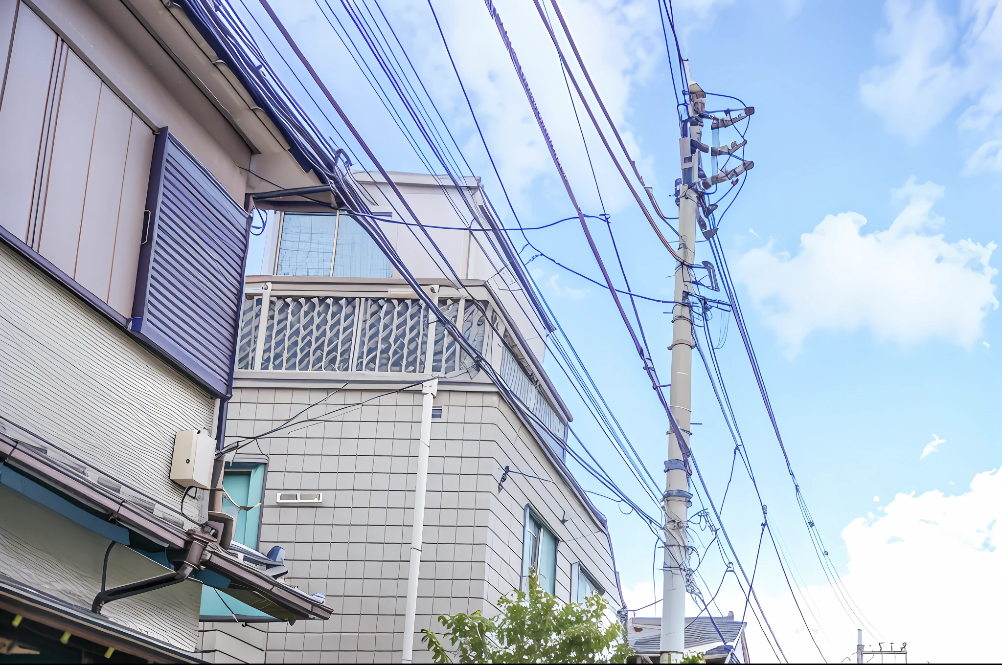 There are streets with buildings and street lights, wires hanging above street, telephone wires, wires everywhere, Residential area, many wires, so many wires, wires hanging down everywhere, japanese neighborhood, overhead wires, electrical cables, cables everywhere, Lots of wires, tangled overhead wires, wires, utility pole, up there, wires in background, wires hanging