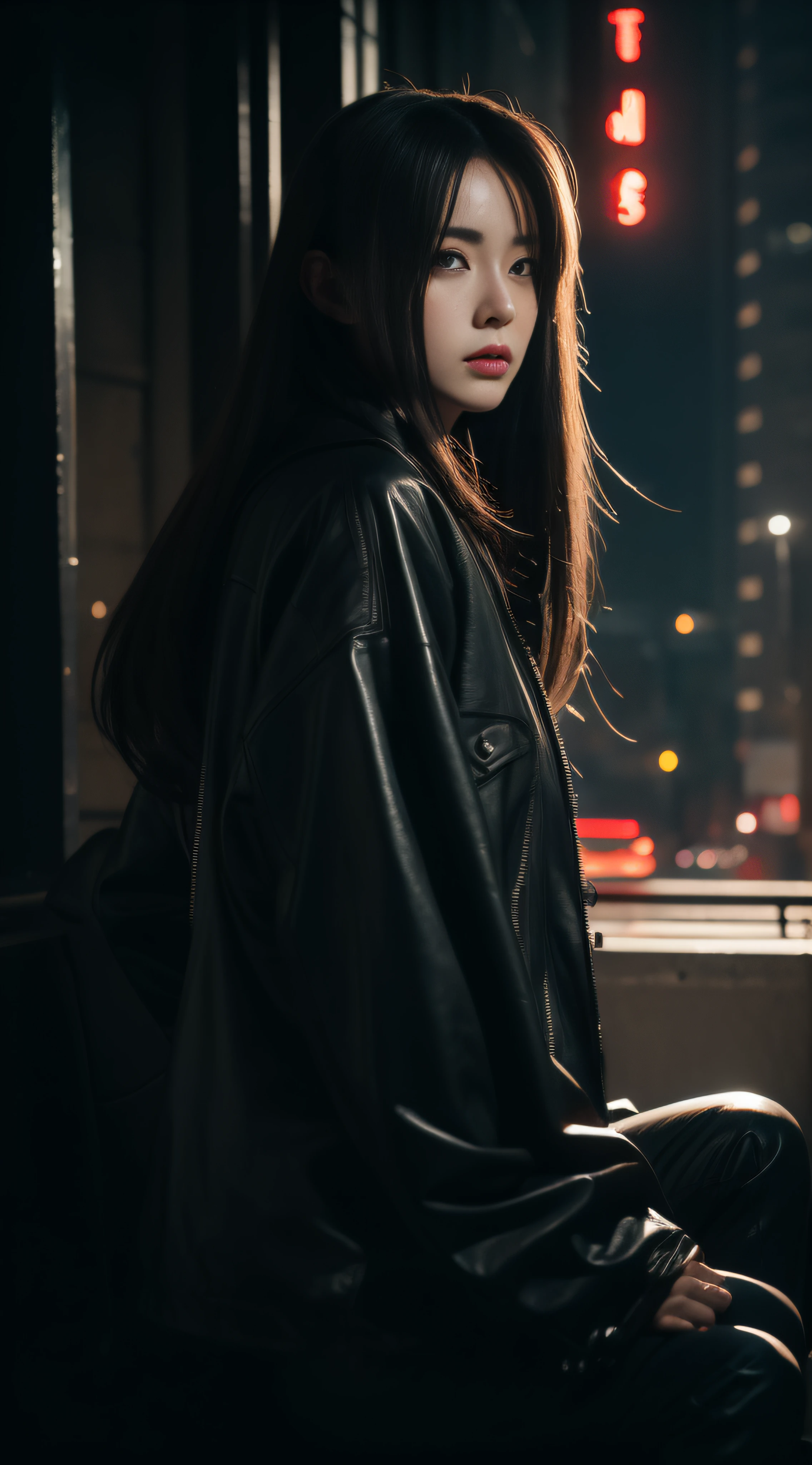 masterpiece、hightquality、Soio、beautiful model、Back lighting、beautiful hairl、A detailed eye、Dramatic scenes、À la Fed woman sitting on a city bench with neon sign, Blade Runners Air、full body Esbian、Cinematic. leng jun, Anime style mixed with Fujifilm, mid shot portrait, cyberpunk streetwear, Inspired by Liam Wong, inspired by Kanō Naizen, cyberpunk vibe, cyberpunk photo, muted cyberpunk style, Medium shot portrait, hyper-realistic cyberpunk style, wearing cyberpunk streetwear、Powerful Hand Pose、low angles、wide-angle lens、14mm lens、sigma、Depth of subject、8K High Resolution、细致背景、Drawing with enhanced hair details、A detailed face、more hair、Detailed nose、Detailed mouth、Detailed body、stares at the camera、Hair details