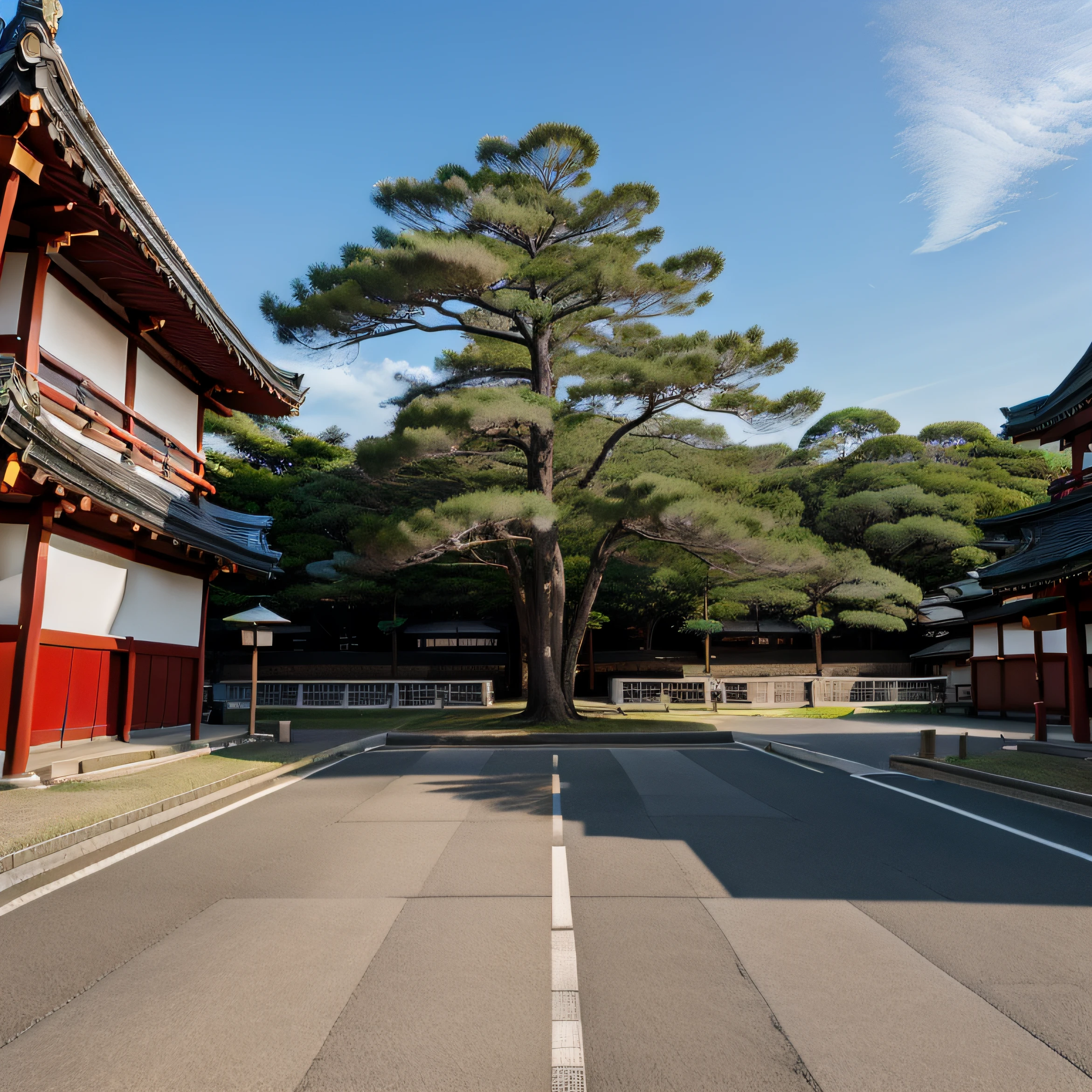 Large parking lot in front of the temple in Japan、Shooting at a 45-degree angle to the left