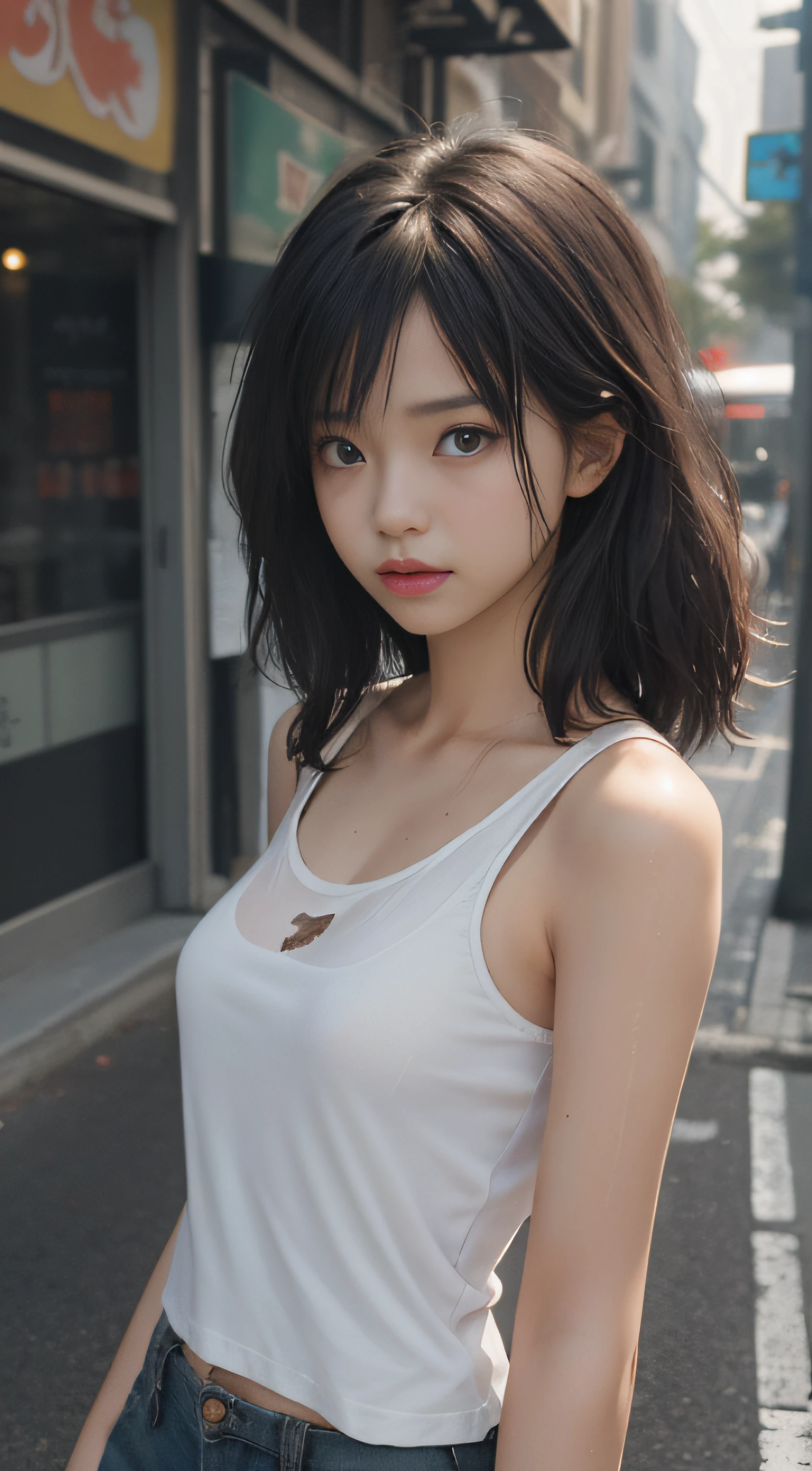 ((Best quality, 8k, Masterpiece :1.3)), Sharp focus :1.2, perfect figure beautiful woman:1.4, Slim abs:1.2, ((Layered Hair Style,)), (Tank top shirt:1.1 ), (the street:1.2), Highly detailed facial and skin texture, A detailed eye, 二重まぶた,（torn laundry：1.5）， Best Picture Quality， tmasterpiece， 超高分辨率， （fidelity：1.4）， photore， 1 rapariga，[（grieves）]，white  shirt， dimly lit， darkly， be desperate， pitying， cute little， cinematic ligh， tears， tear drop， （torn laundry：1.5）， （wetclothes：1.4）， exposed bare shoulders， Real rain， Wet hair,inner colored