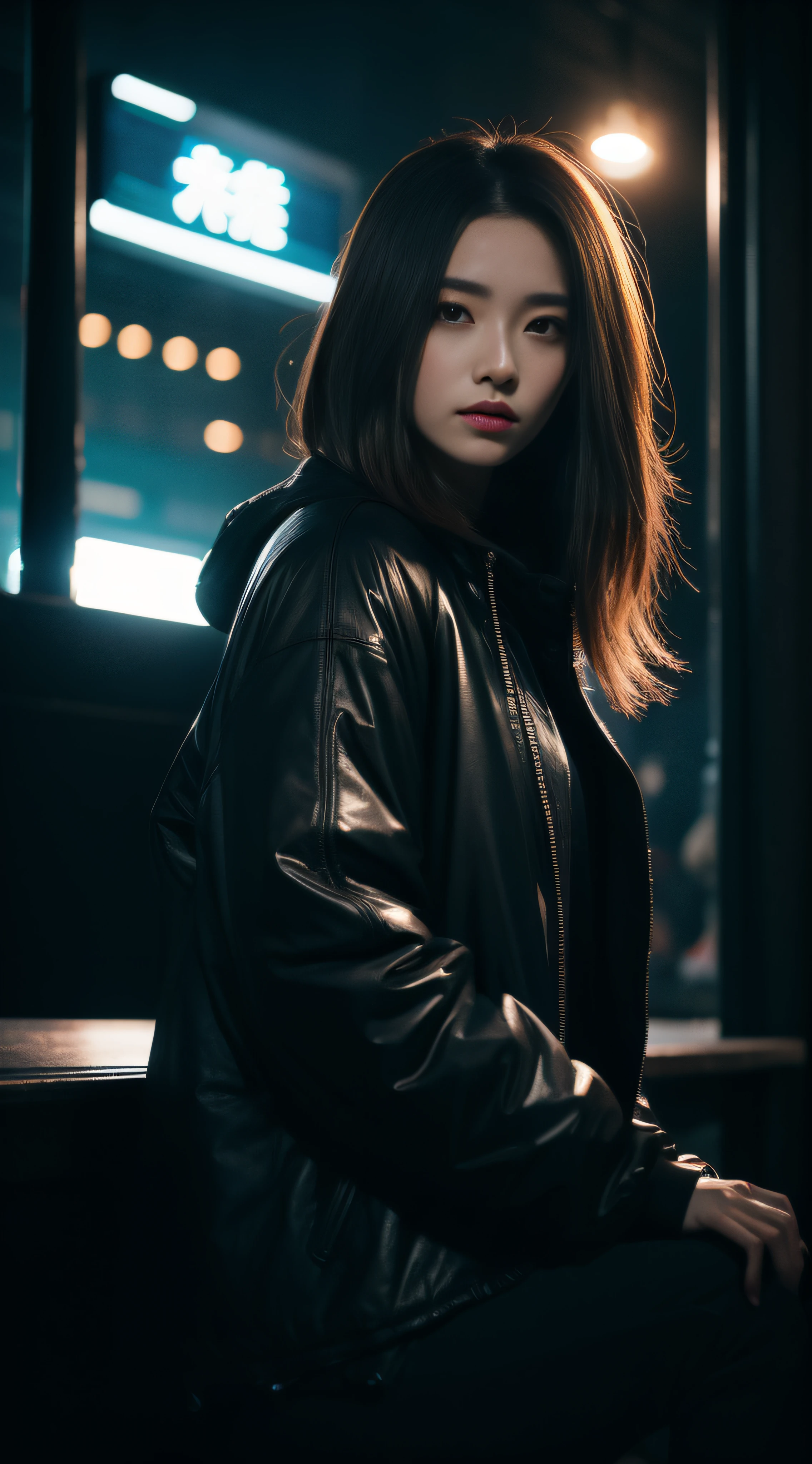 ​masterpiece、hightquality、Soio、beautiful model、Back lighting、beautiful hairl、A detailed eye、Dramatic scenes、À la Fed woman sitting on a city bench with neon sign, Blade Runners Air、full body Esbian、Cinematic. leng jun, Anime style mixed with Fujifilm, mid shot portrait, cyberpunk streetwear, Inspired by Liam Wong, inspired by Kanō Naizen, cyberpunk vibe, cyberpunk photo, muted cyberpunk style, Medium shot portrait, hyper-realistic cyberpunk style, wearing cyberpunk streetwear、Powerful Hand Pose、low angles、wide-angle lens、14mm lens、sigma、Depth of subject、8K High Resolution、细致背景、Drawing with enhanced hair details、A detailed face、more hair、Detailed nose、Detailed mouth、Detailed body、stares at the camera、Hair details