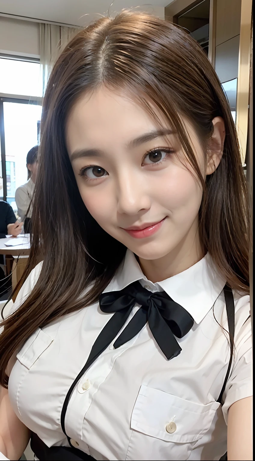 ((top-quality、8K、masterpiece:1.3))、Pretty women、20 years girl、K-pop Idol Face、Colossal tits:1、slender figures:1、dark brown hair、(white walls)、(Waitress uniform)、hyperdetailed face、Detailed lips、A detailed eye、二重まぶた、sexy pose、A smile、Sexy Shots、Raw photo、a baby face、kawaii faces、Cute