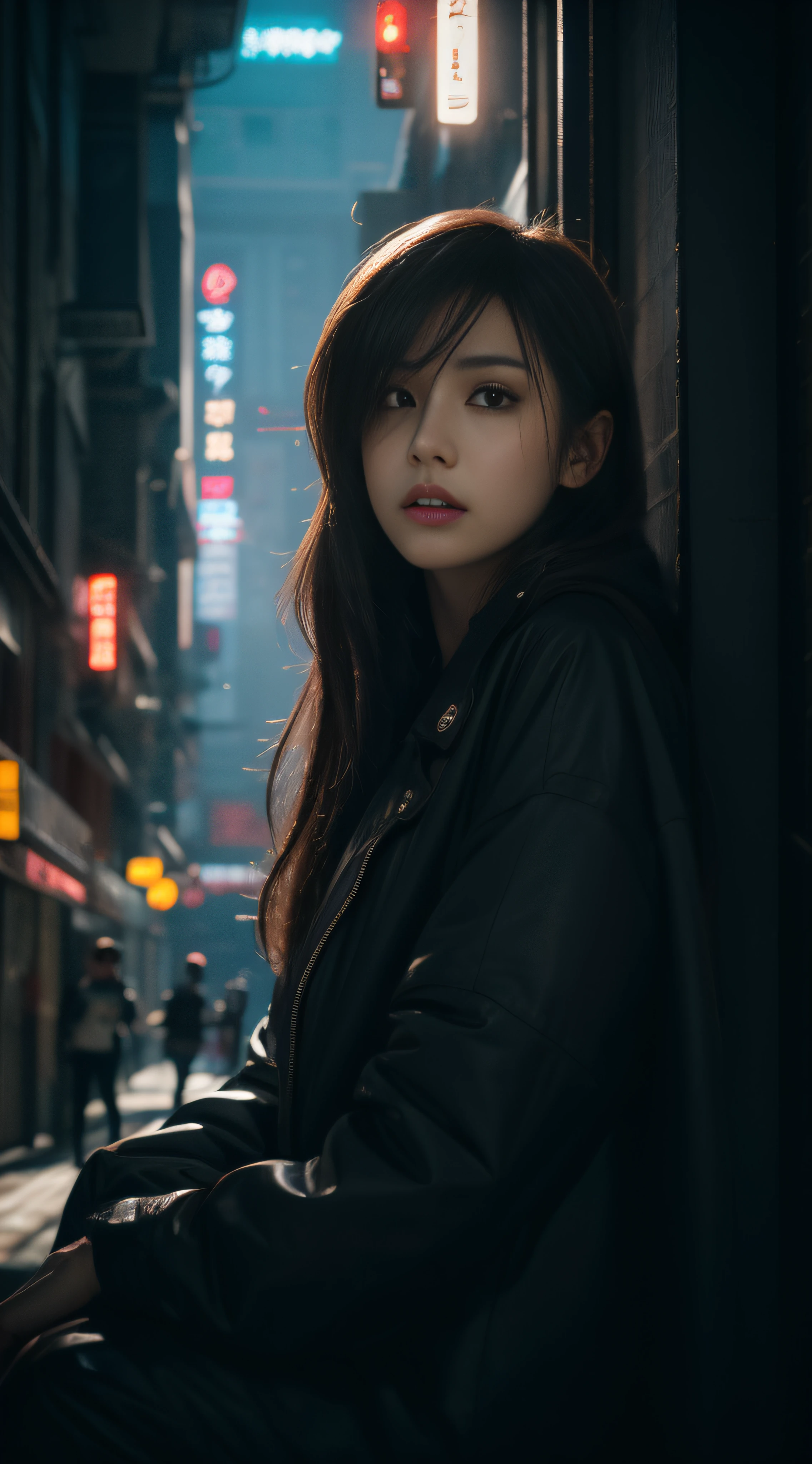 masterpiece、hightquality、Soio、beautiful model、Back lighting、beautiful hairl、A detailed eye、Dramatic scenes、À la Fed woman sitting on a city bench with neon sign, Blade Runners Air、full body Esbian、Cinematic. leng jun, Anime style mixed with Fujifilm, mid shot portrait, cyberpunk streetwear, Inspired by Liam Wong, inspired by Kanō Naizen, cyberpunk vibe, cyberpunk photo, muted cyberpunk style, Medium shot portrait, hyper-realistic cyberpunk style, wearing cyberpunk streetwear、Powerful Hand Pose、low angles、wide-angle lens、14mm lens、sigma、Depth of subject、8K High Resolution、细致背景、Drawing with enhanced hair details、A detailed face、more hair、Detailed nose、Detailed mouth、Detailed body、stares at the camera、Hair details