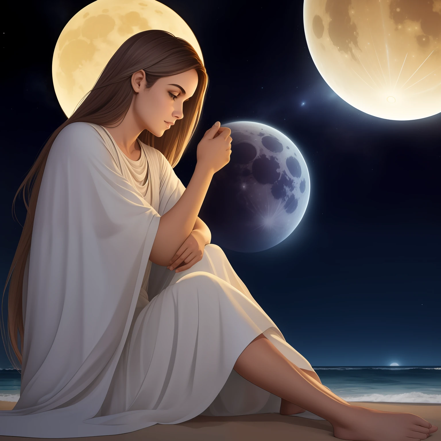Jesus, Rezando, ceu de noite com lua e estrelas
