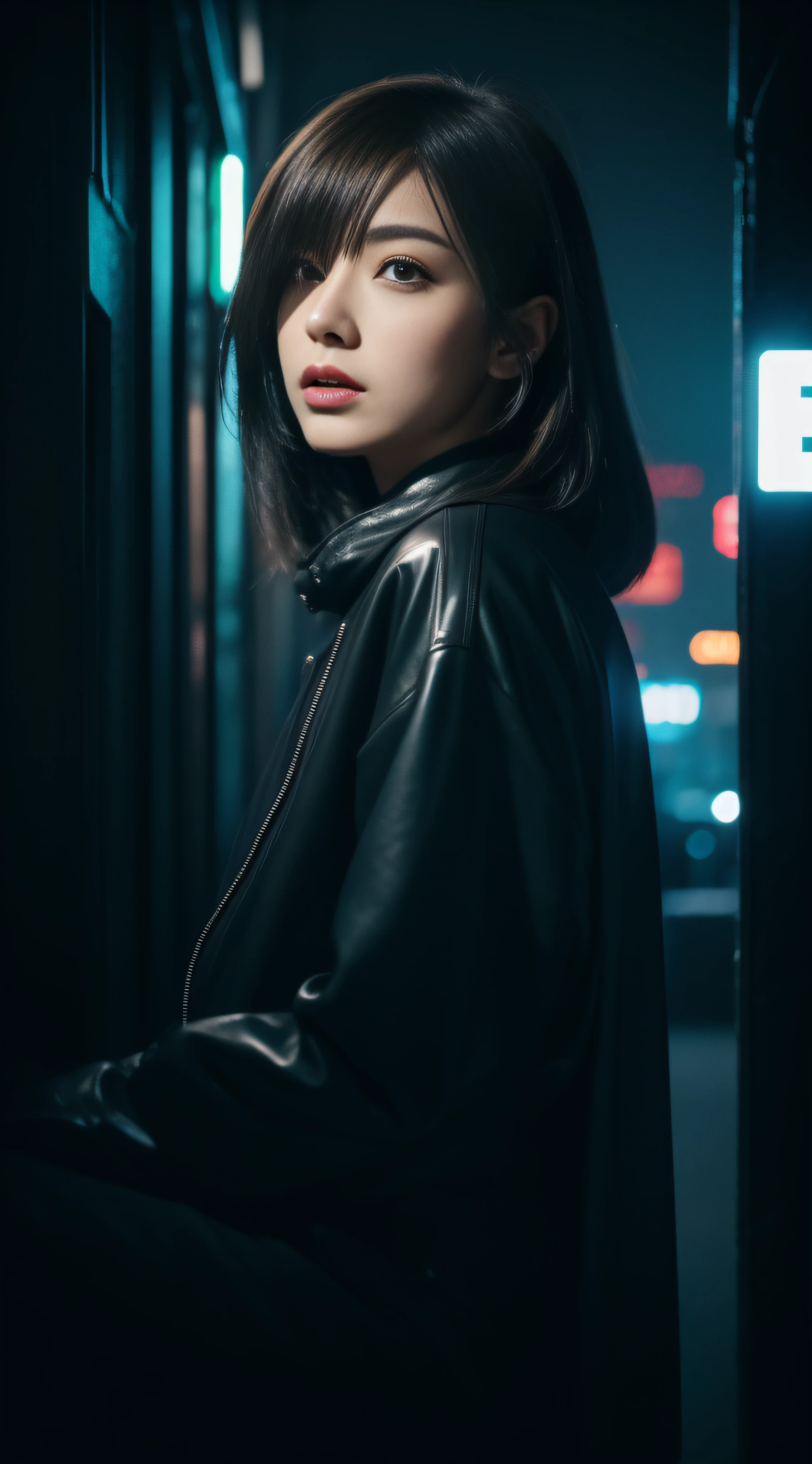 masterpiece、hightquality、Soio、beautiful model、Back lighting、beautiful hairl、A detailed eye、Dramatic scenes、À la Fed woman sitting on a city bench with neon sign, Blade Runners Air、full body Esbian、Cinematic. leng jun, Anime style mixed with Fujifilm, mid shot portrait, cyberpunk streetwear, Inspired by Liam Wong, inspired by Kanō Naizen, cyberpunk vibe, cyberpunk photo, muted cyberpunk style, Medium shot portrait, hyper-realistic cyberpunk style, wearing cyberpunk streetwear、Powerful Hand Pose、low angles、wide-angle lens、14mm lens、sigma、Depth of subject、8K High Resolution、细致背景、Drawing with enhanced hair details、A detailed face、more hair、Detailed nose、Detailed mouth、Detailed body、stares at the camera、Hair details
