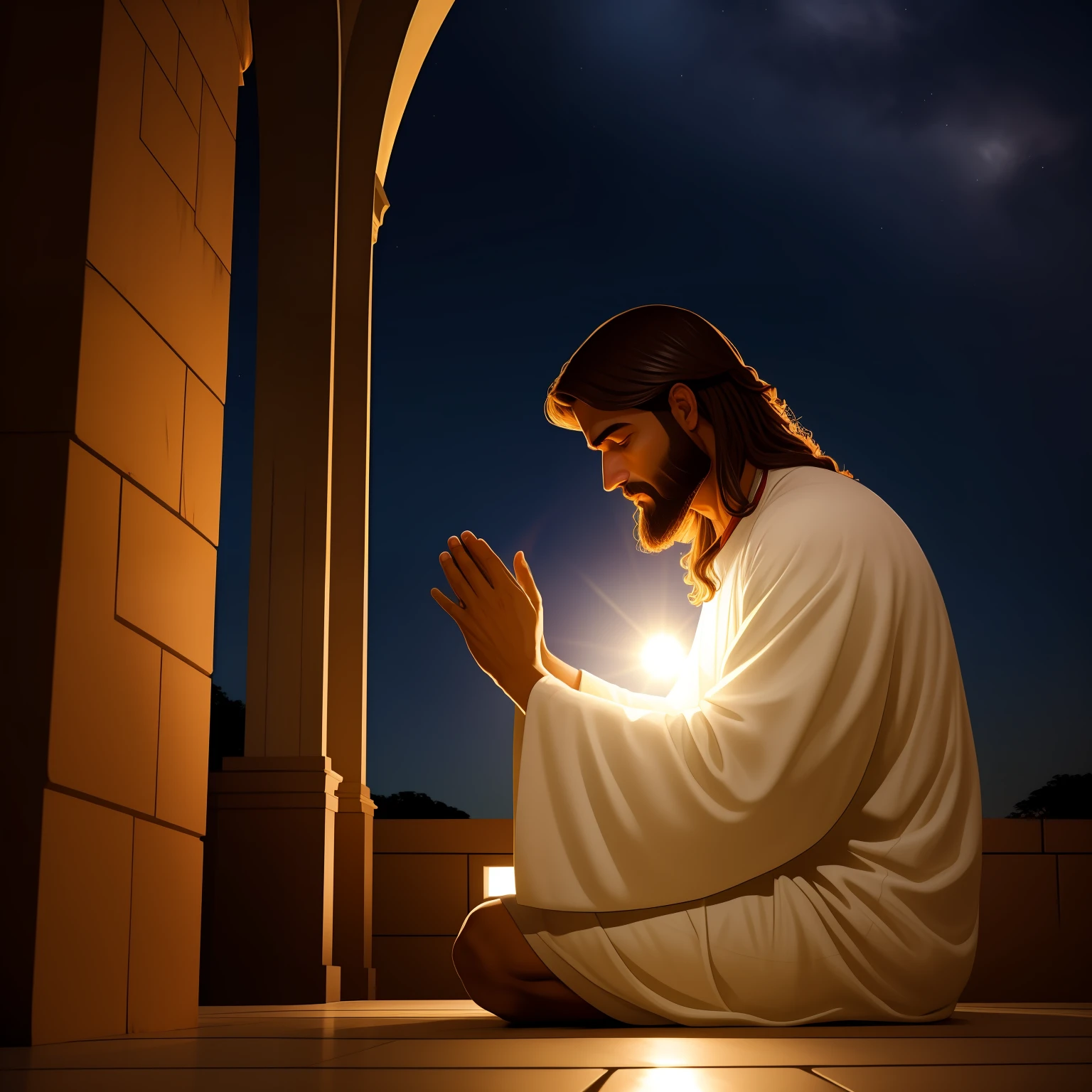 homen Jesus, praying, ceu de noite com lua e estrelas