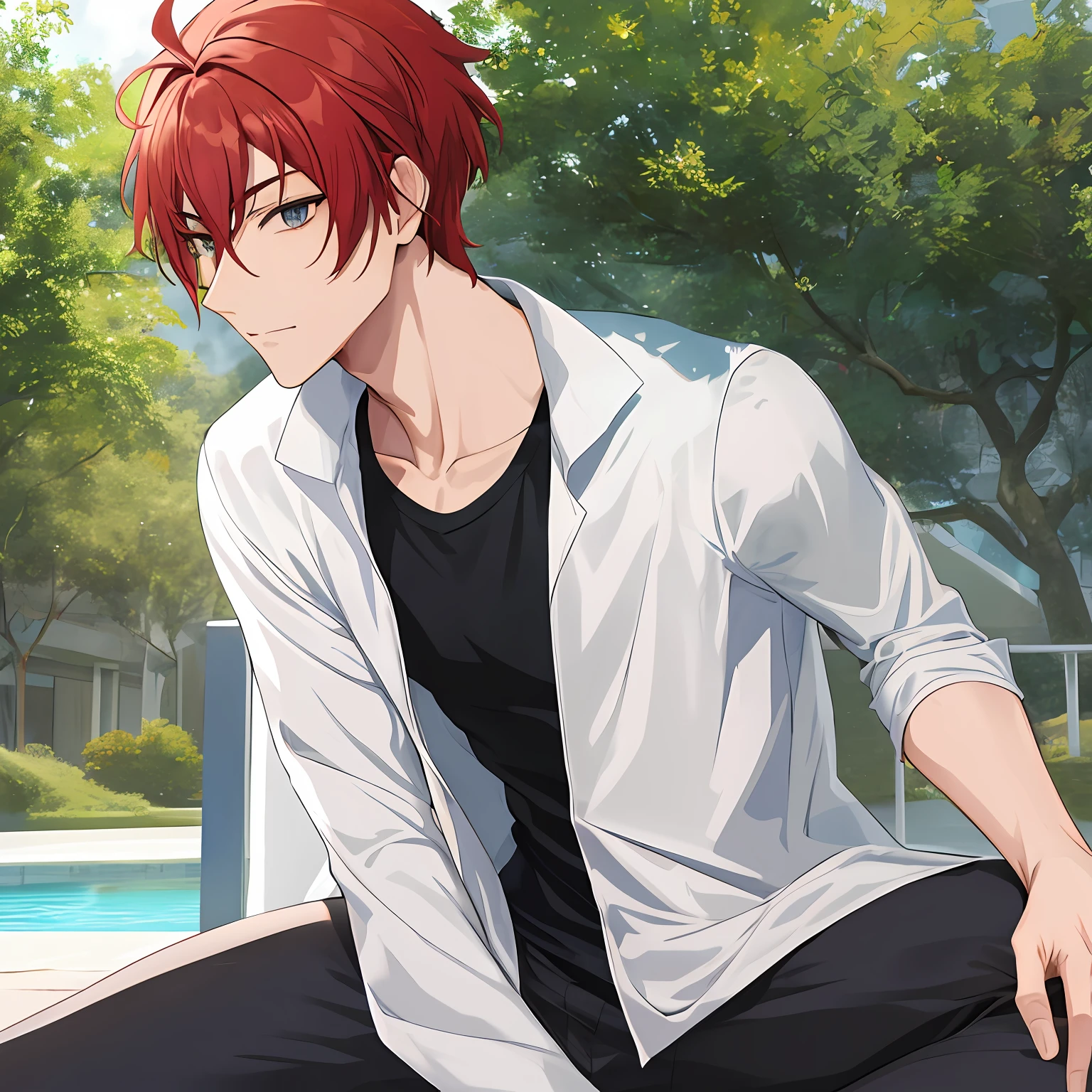 Personagem masculino de anime de cabelo branco olhos vermelhos ussamos terno