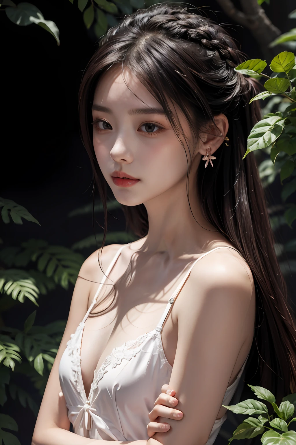 best qualtiy，tmasterpiece，超高分辨率，（realisticlying：1.4），RAW photogr，1个Giant Breast Girl，黑The eye，trpical garden，long whitr hair，Light makeup，cparted lips，tiny ears，pink short，耳Nipple Ring，slim