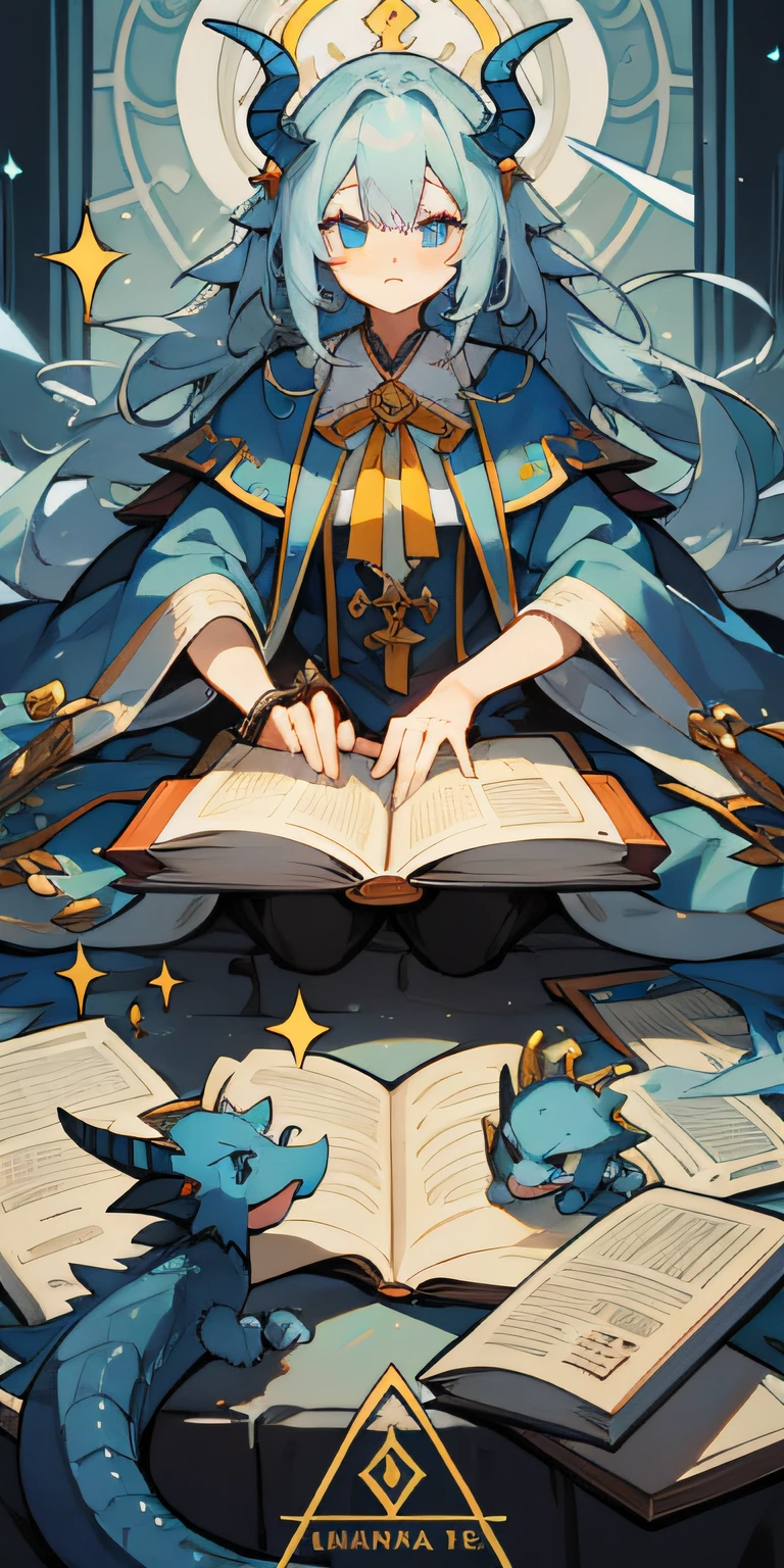 HighestQuali,Magic robes,teens girl,Handheld a magic book,Summon the Divine Dragon,The dragon spewed blue flames