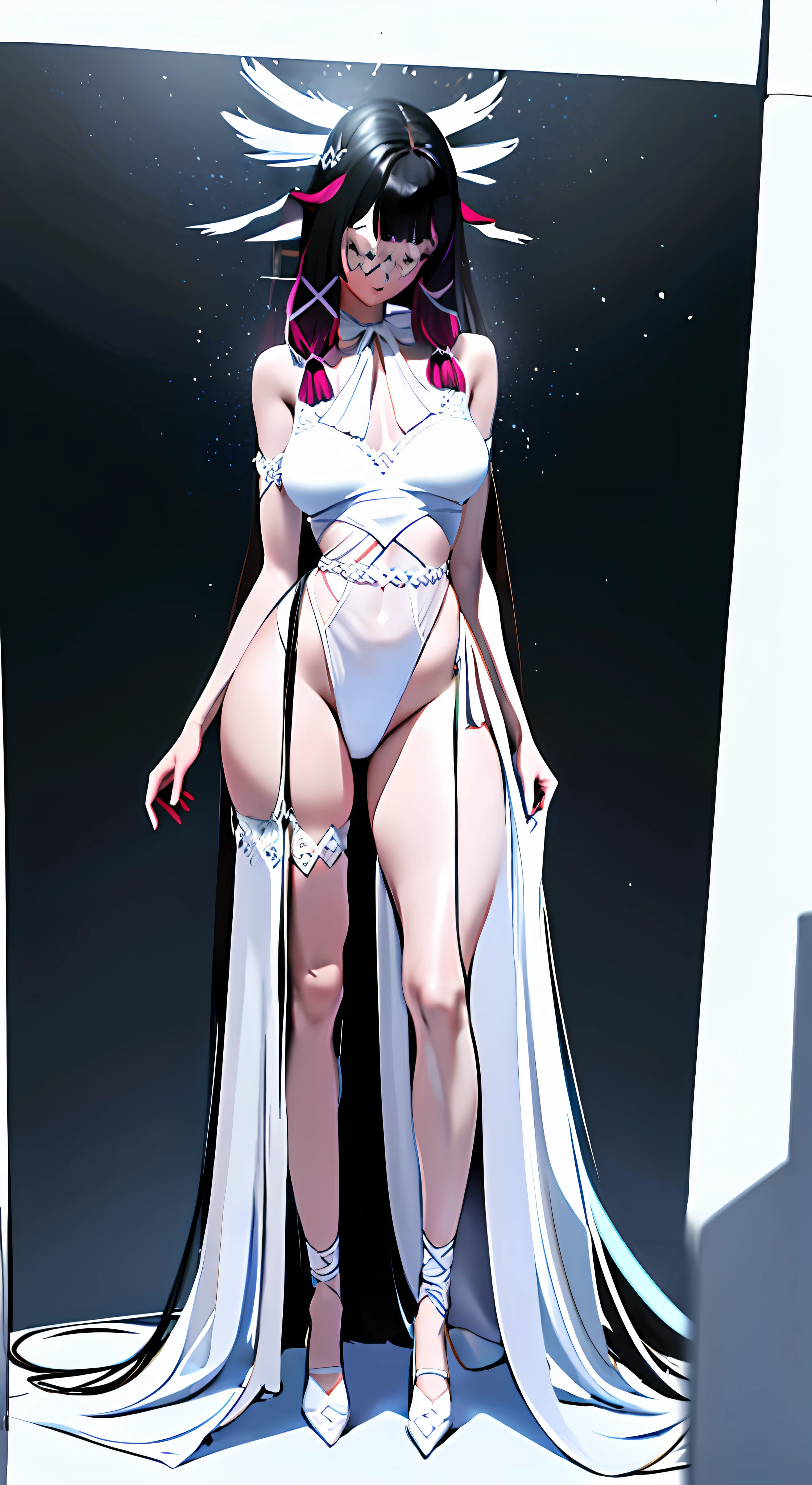 NSFW,nakeness,eye closeds,Keep your eyes closed,(White grid-like veil),White cloak,sexyposture,(Perfect Finger)seduce,seductiv,standing on your feet, White ribbon shoes