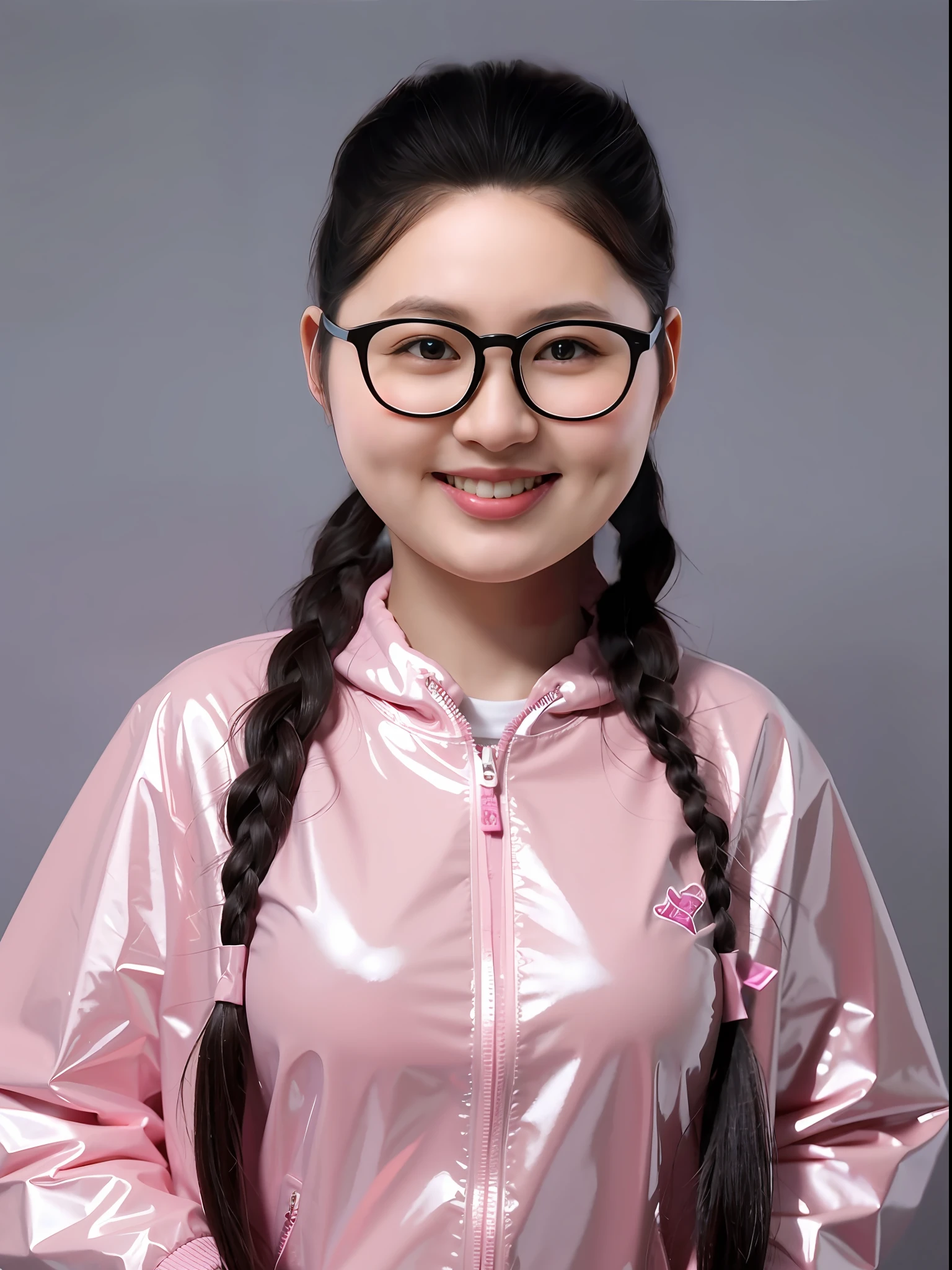 A Chinese high school girl,Full breasts,Wearing a pink PVC sweatshirt,long braid