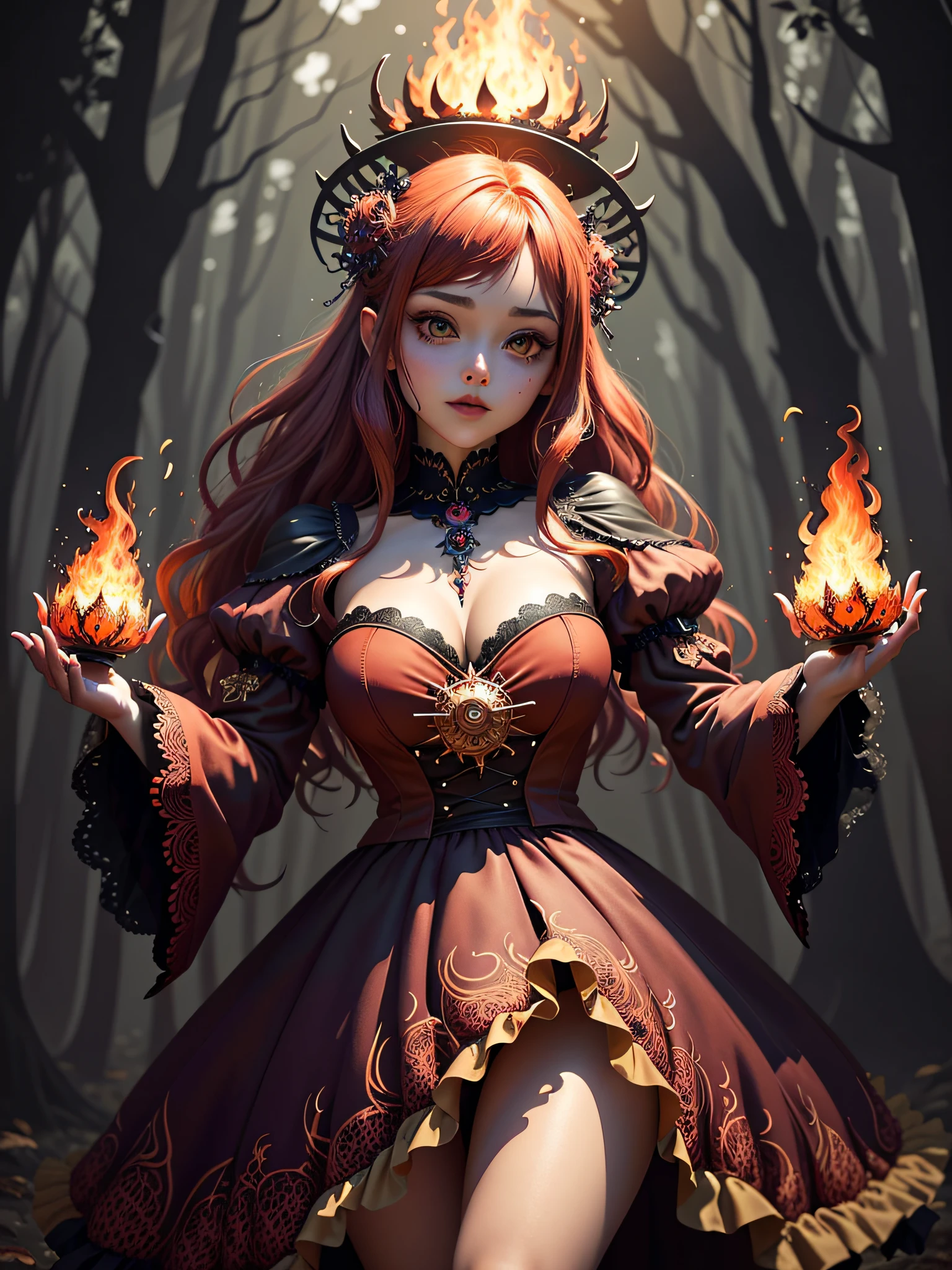 In the middle of a mystical forest shrouded in illusion, A captivating witch with red hair dances gracefully, manipulando chamas que parecem se materializar do nada. Her fire dress spins and flickers with mesmerizing patterns as she weaves an intricate dance of fire and illusion. The forest comes alive with the magical glow of the flames, creating a charming and fascinating spectacle.