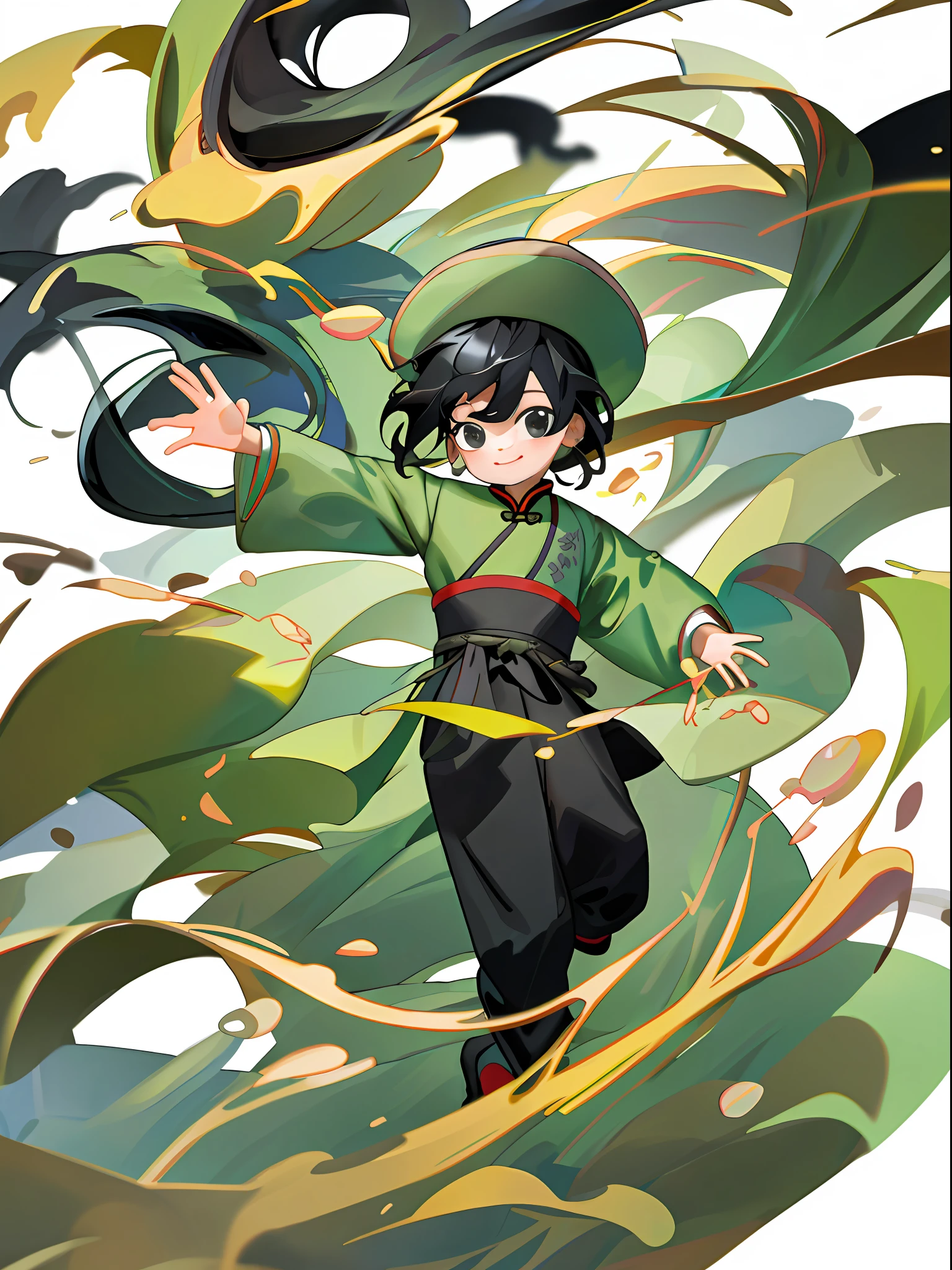 8k, masterpiece, high quality, men, children, black hair and black eyes, oil painting, Q version, green long sleeves, Chinese children's clothing, holding rice, happy