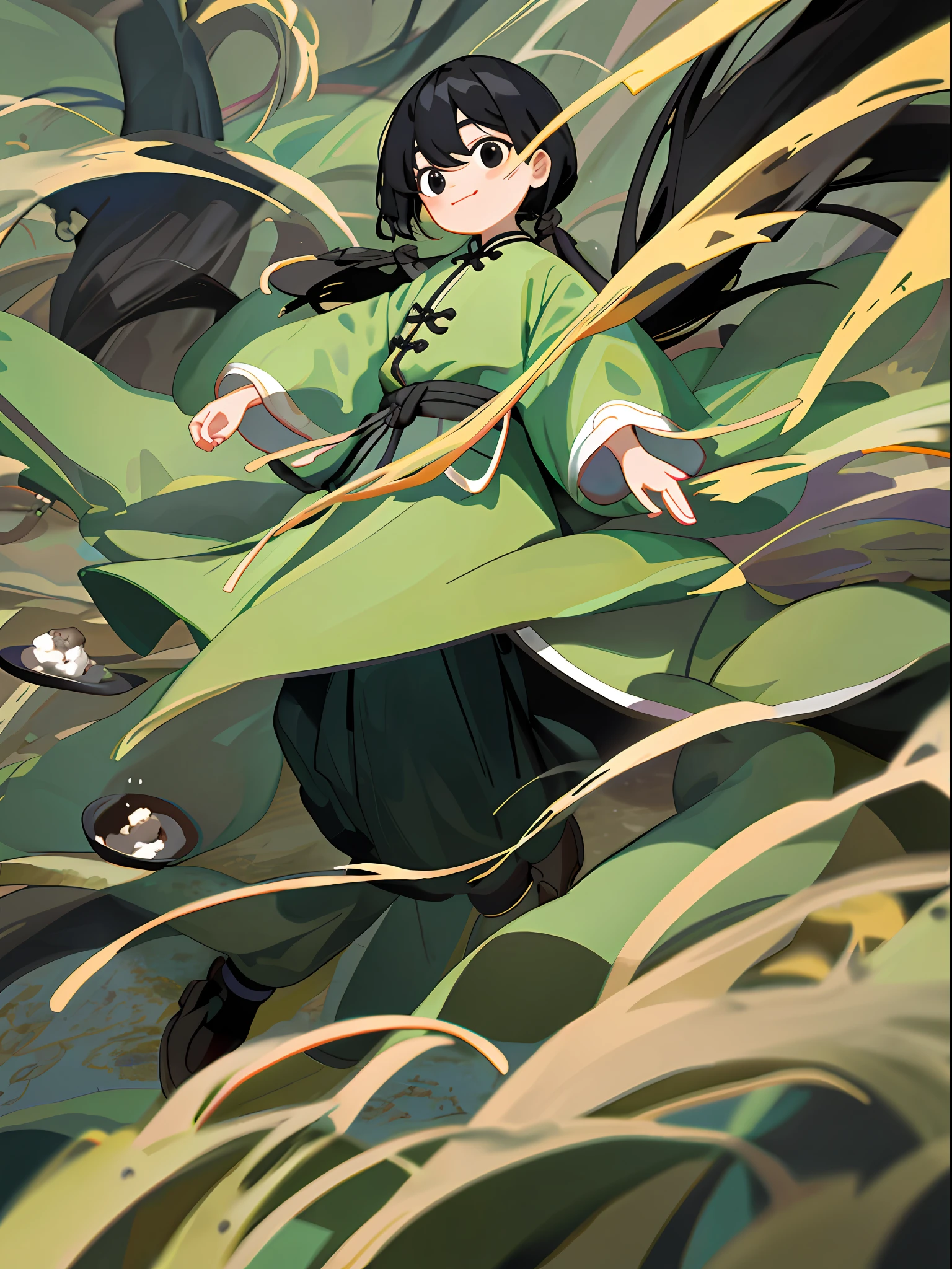 8k, masterpiece, high quality, men, children, black hair and black eyes, oil painting, Q version, green long sleeves, Chinese children's clothing, holding rice, happy
