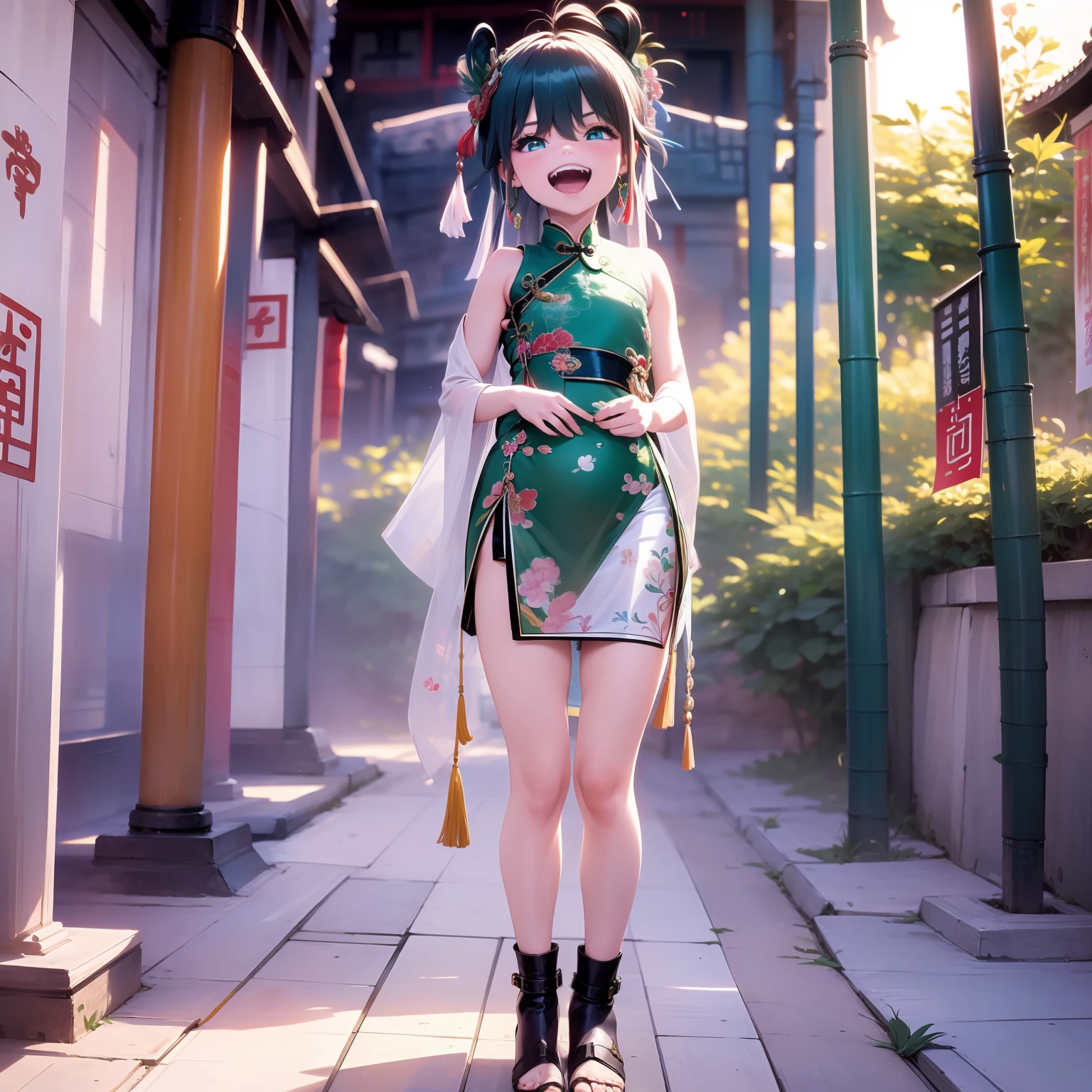 Little Girl, Standing in front Chinese temple, Wearing a green Chinese dress, Sharp eyes, holding a fan, evil laugh, Best quality, masterpiece