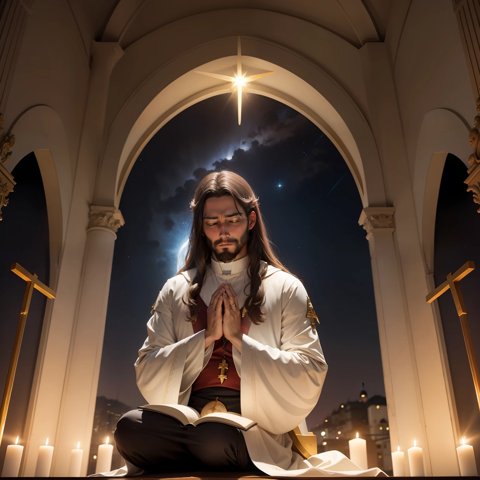 homen Jesus, praying, ceu de noite com lua e estrelas, dentro da igreja