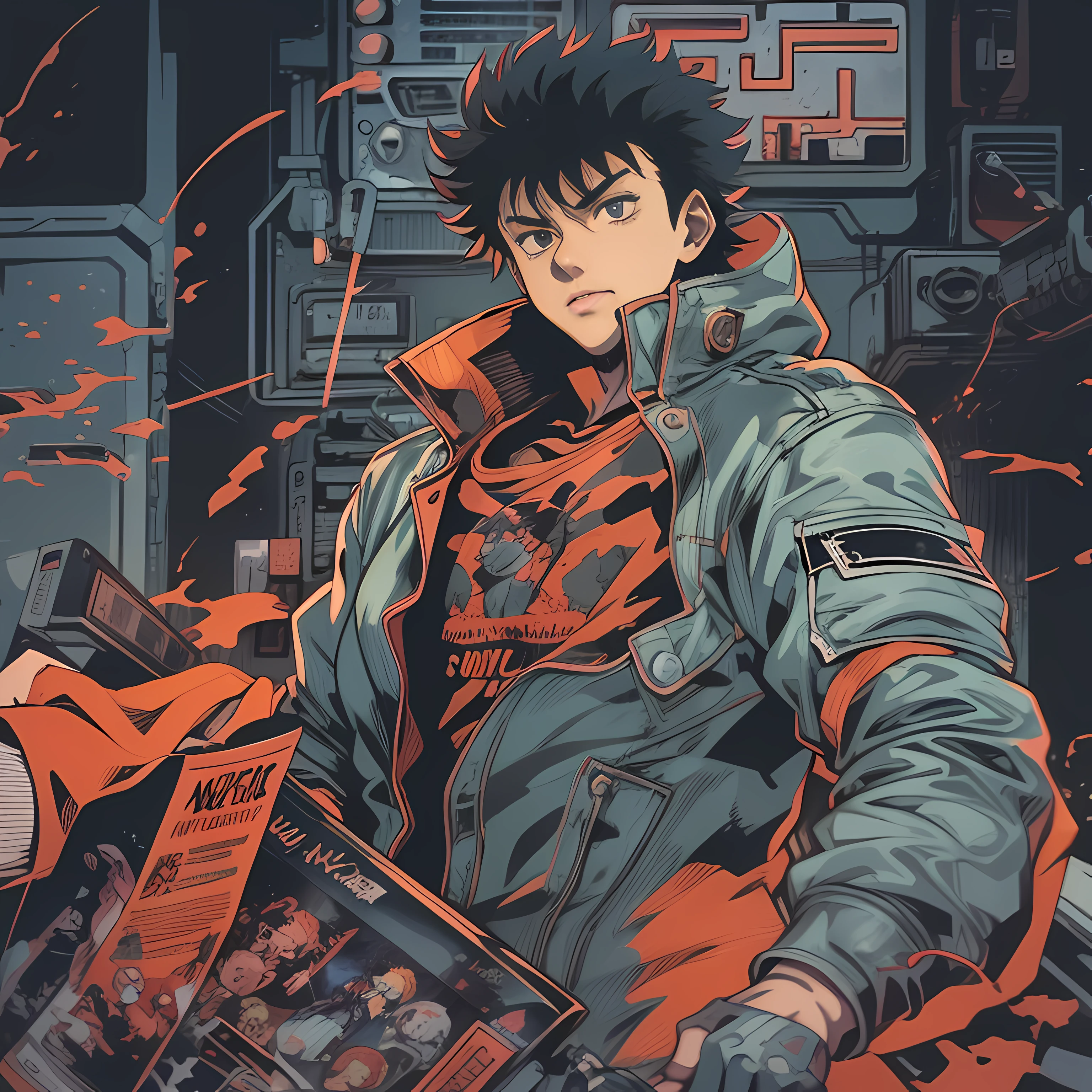anime - style illustration of a anime guy, akira style illustration, akira art style, 8 0 s anime art style, in the style of akira, digital cyberpunk - anime art, akira artstyle, cyber space cowboy, 8 0 s anime style, akira vibes, in neo tokyo, akira color palette, futuristic tetsuo, Pop Art, masterpiece, accurate, Poster, anatomically correct, hand drawn, simple lines, tshirt design, vector art, illustration, digital art, anime style, magazine style, background in print, (style of darkest dungeon:1.1), hyperrealism, ethereal, cel shading, anime coloring, (anime screencap:1.2), (highly detailed,masterpiece, best quality:1.1),