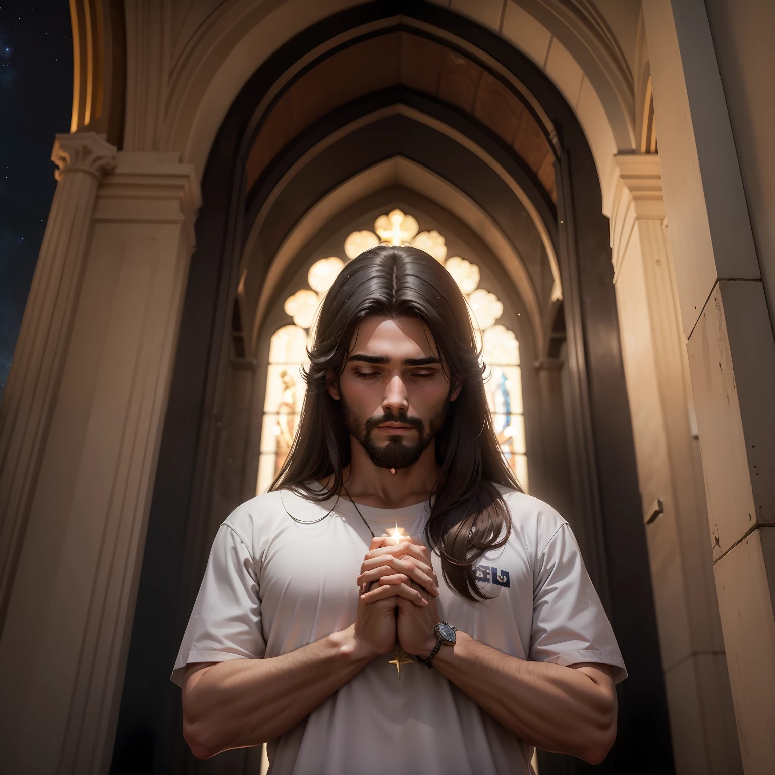 homen Jesus, praying, ceu de noite com lua e estrelas, dentro da igreja