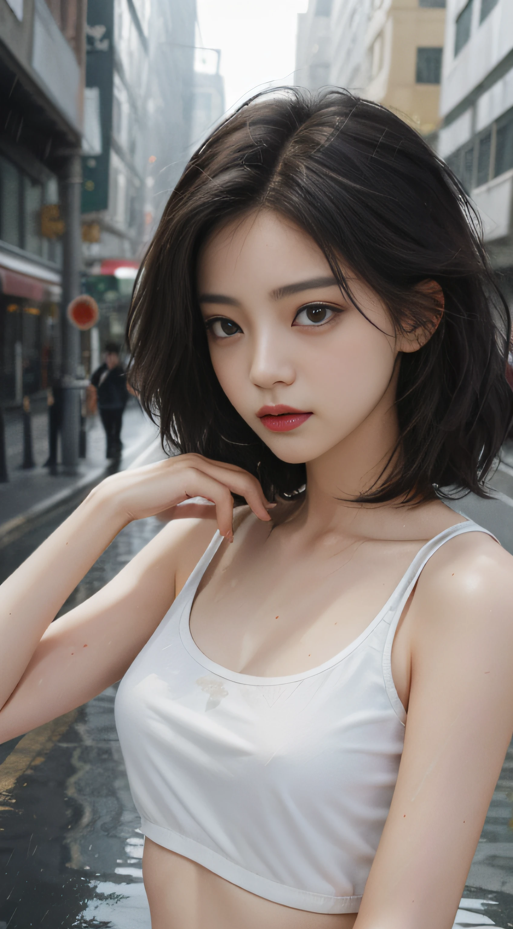 ((Best quality, 8k, Masterpiece :1.3)), Sharp focus :1.2, perfect figure beautiful woman:1.4, Slim abs:1.2, ((Layered Hair Style,)), (Tank top shirt:1.1 ), (the street:1.2), Highly detailed facial and skin texture, A detailed eye, 二重まぶた,（torn laundry：1.5）， Best Picture Quality， tmasterpiece， 超高分辨率， （fidelity：1.4）， photore， 1 rapariga，[（grieves）]，white  shirt， dimly lit， darkly， be desperate， pitying， cute little， cinematic ligh， tears， tear drop， （torn laundry：1.5）， （wetclothes：1.4）， exposed bare shoulders， Real rain， Wet hair,