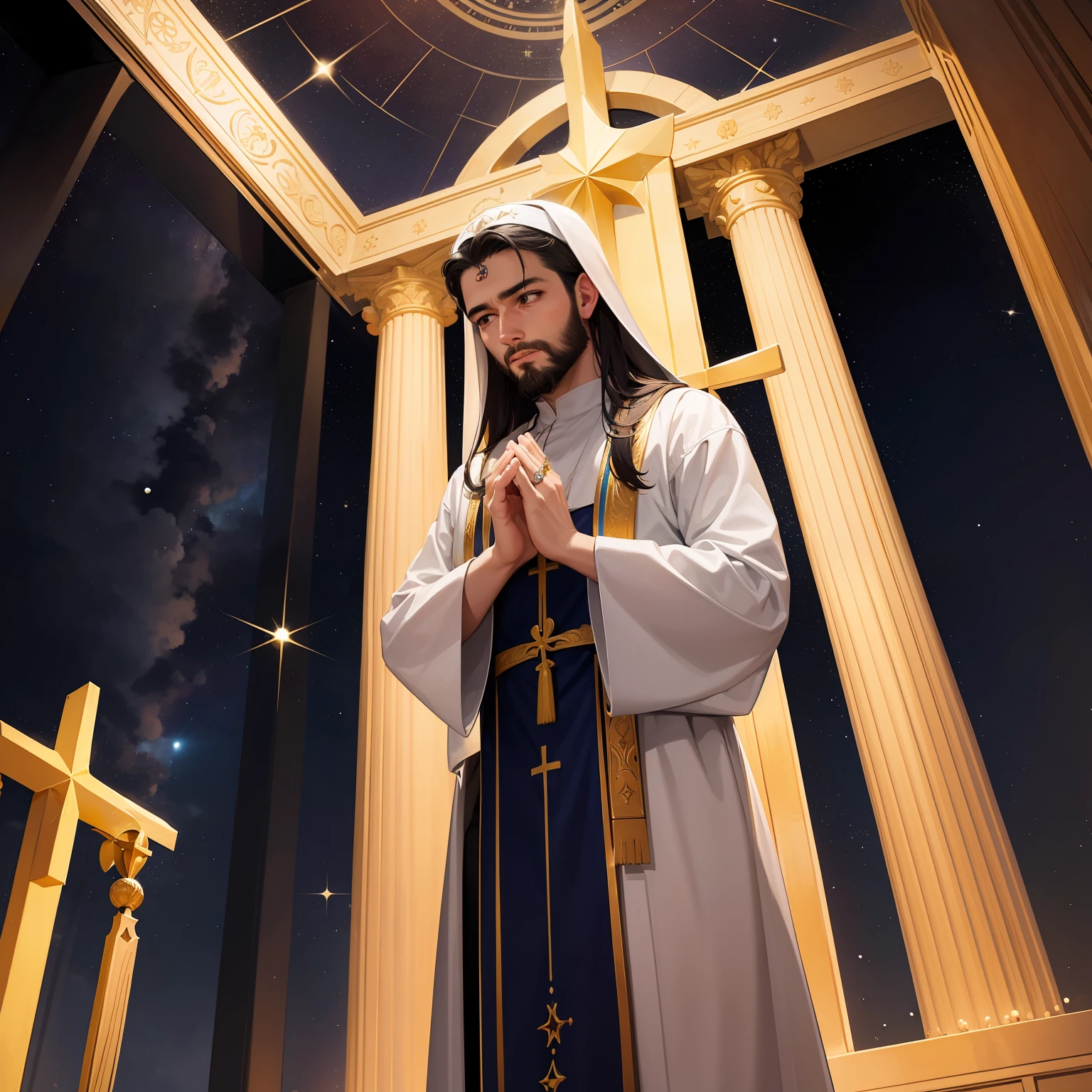 homen Jesus, praying, ceu de noite com lua e estrelas, dentro da igreja