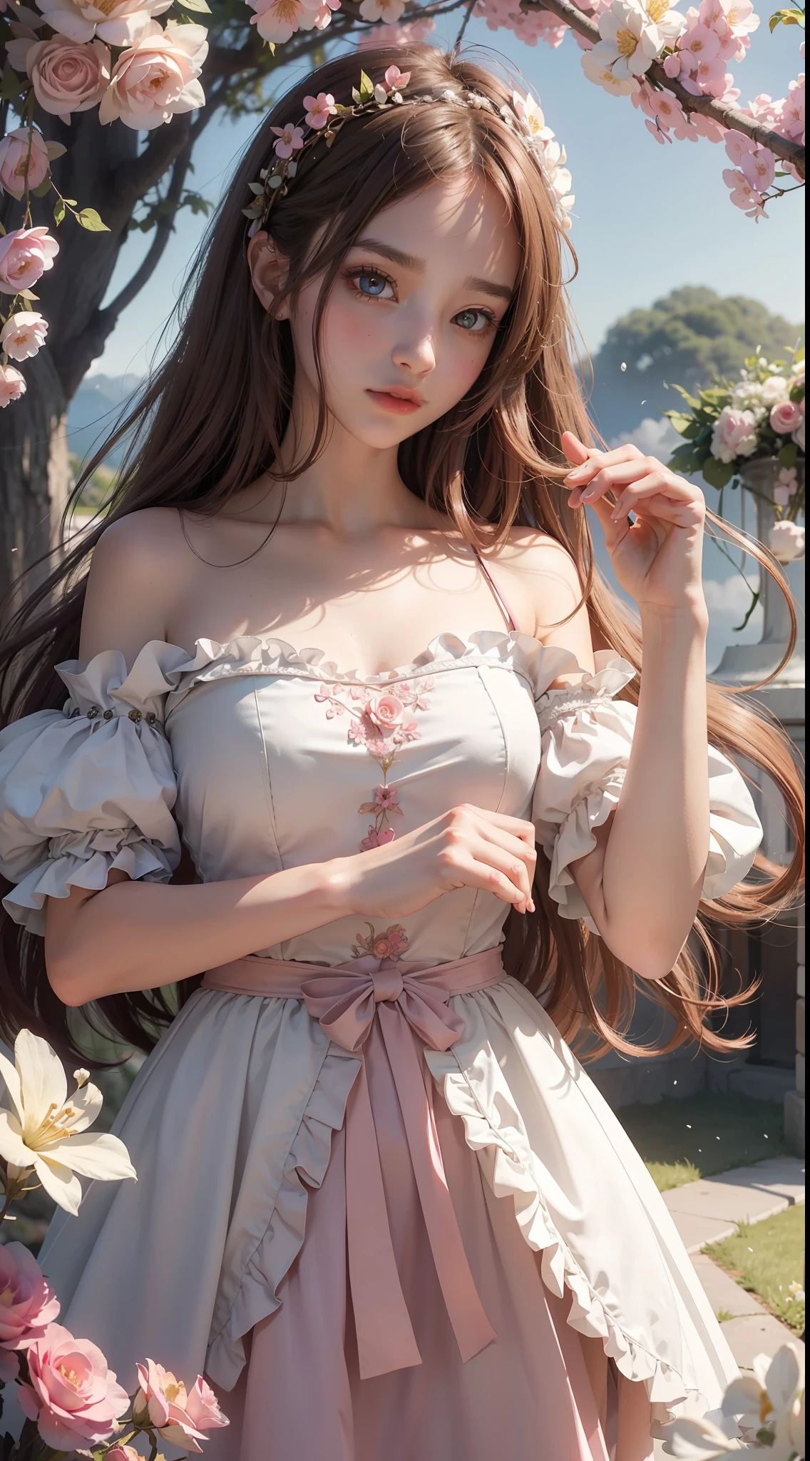 high high quality,tmasterpiece,Delicate facial features,Delicate hair,Delicate eyes,Delicate hair,Romantic girl,Anime shoujo,Pink off-the-shoulder dress,Long brown hair waist-length,Exquisite and delicate,Elegant and gorgeous,dreamy and romantic,Feminine and romantic,blossoms,Cute anime girl in beautiful clothes, in dress, Fantastic flower garden,Guviz, Style anime, Guviz-style artwork, fantasyoutfit, lovely art style, Dreamy style, fantasy style clothing, Romantic dress, soft cute colors, Lolihigh quality detailed art(Delicate facial portrayal)(Fine hair portrayal)(highest quality)(Master masterpieces)(High degree of completion)(a sense of atmosphere)8k wallpaper,tmasterpiece,Best quality at best,ultra - detailed
