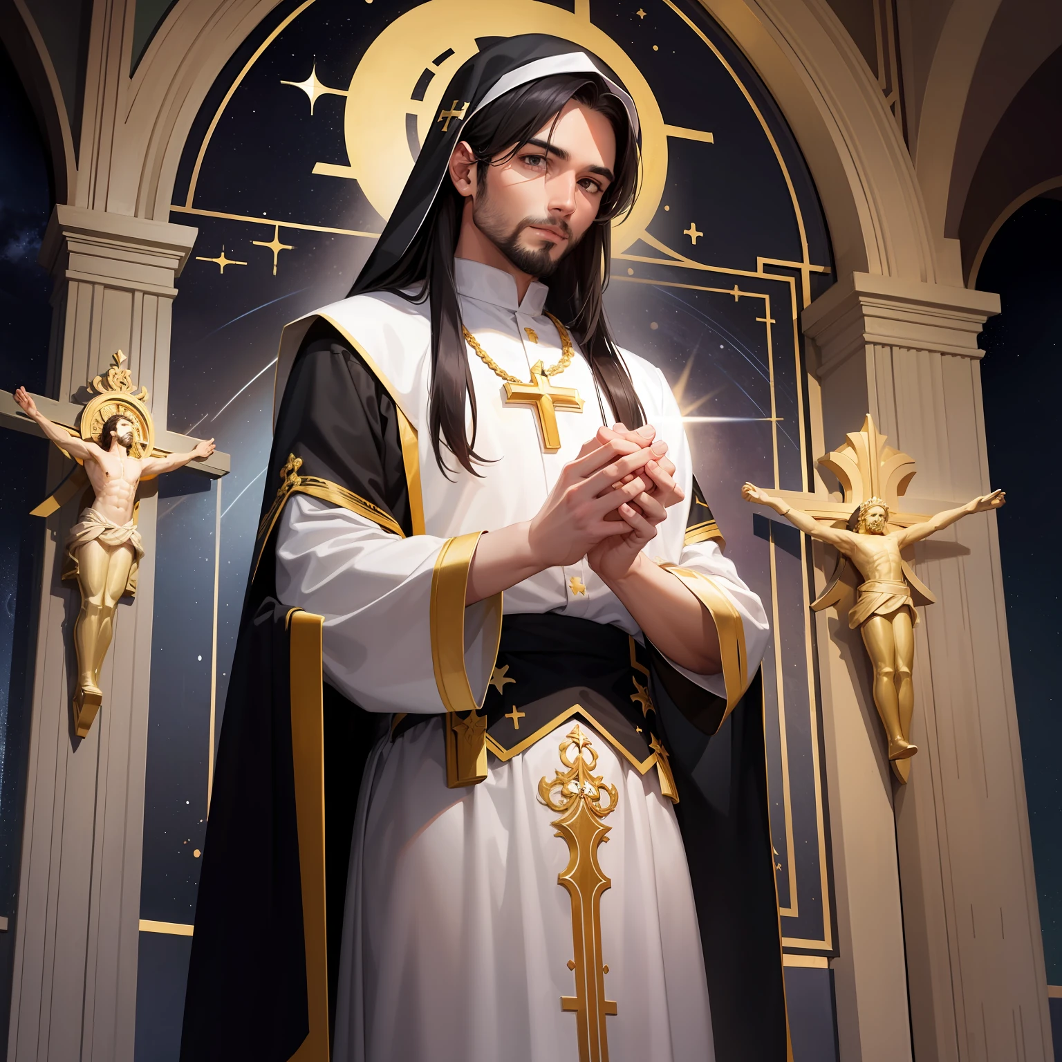 homen Jesus, praying, ceu de noite com lua e estrelas, dentro da igreja