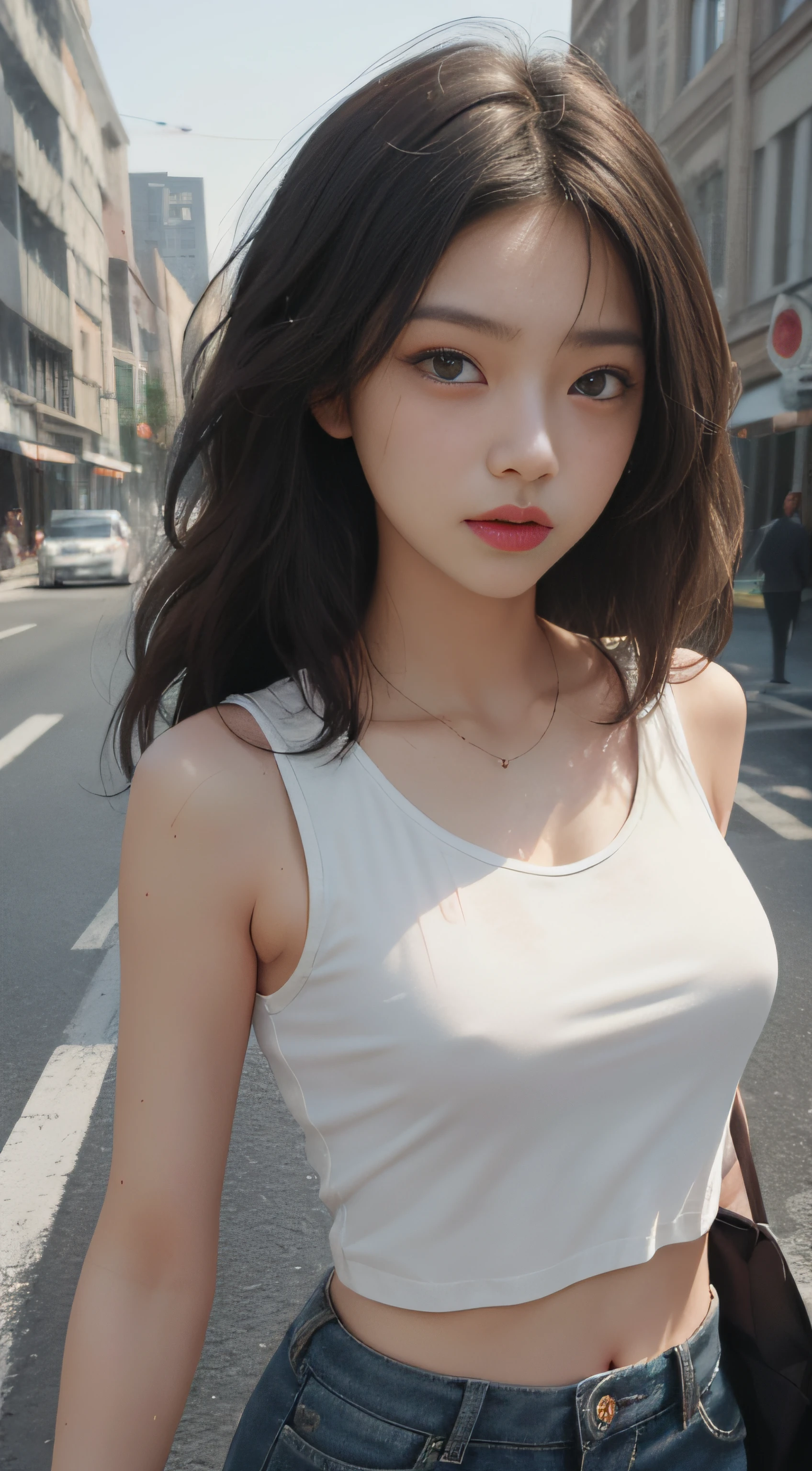 ((Best quality, 8k, Masterpiece :1.3)), Sharp focus :1.2, perfect figure beautiful woman:1.4, Slim abs:1.2, ((Layered Hair Style,)), (Tank top shirt:1.1 ), (the street:1.2), Highly detailed facial and skin texture, A detailed eye, 二重まぶた,（torn laundry：1.5）， Best Picture Quality， tmasterpiece， 超高分辨率， （fidelity：1.4）， photore， 1 rapariga，[（grieves）]，white  shirt， dimly lit， darkly， be desperate， pitying， cute little， cinematic ligh， tears， tear drop， （torn laundry：1.5）， （wetclothes：1.4）， exposed bare shoulders， Real rain， Wet hair,