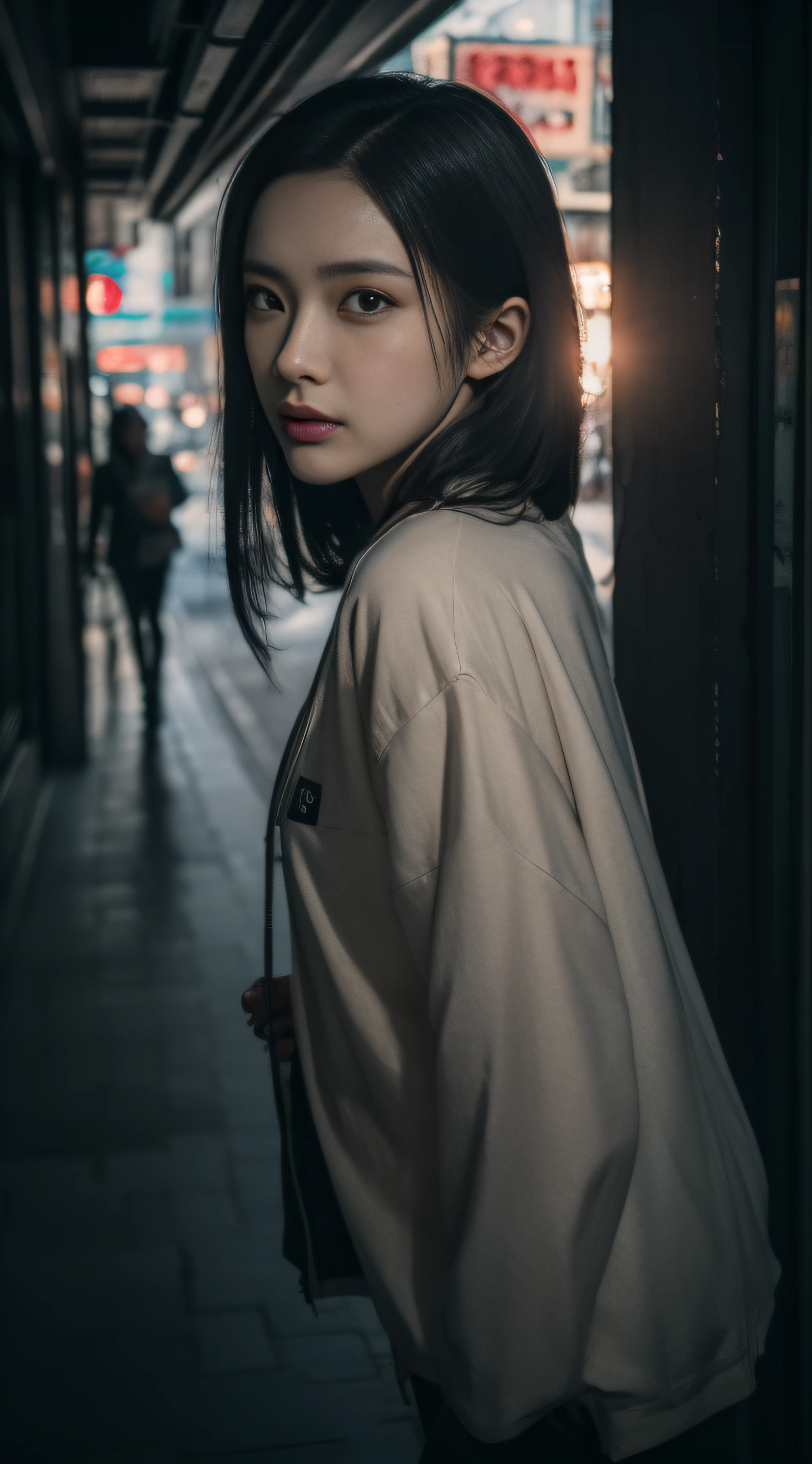 masterpiece、hightquality、Soio、beautiful model、Back lighting、beautiful hairl、A detailed eye、Dramatic scenes、À la Fed woman sitting on a city bench with neon sign, Blade Runners Air、full body Esbian、Cinematic. leng jun, Anime style mixed with Fujifilm, mid shot portrait, cyberpunk streetwear, Inspired by Liam Wong, inspired by Kanō Naizen, cyberpunk vibe, cyberpunk photo, muted cyberpunk style, Medium shot portrait, hyper-realistic cyberpunk style, wearing cyberpunk streetwear、Powerful Hand Pose、low angles、wide-angle lens、14mm lens、sigma、Depth of subject、8K High Resolution、细致背景、Drawing with enhanced hair details、A detailed face、more hair、Detailed nose、Detailed mouth、Detailed body、stares at the camera、Hair details