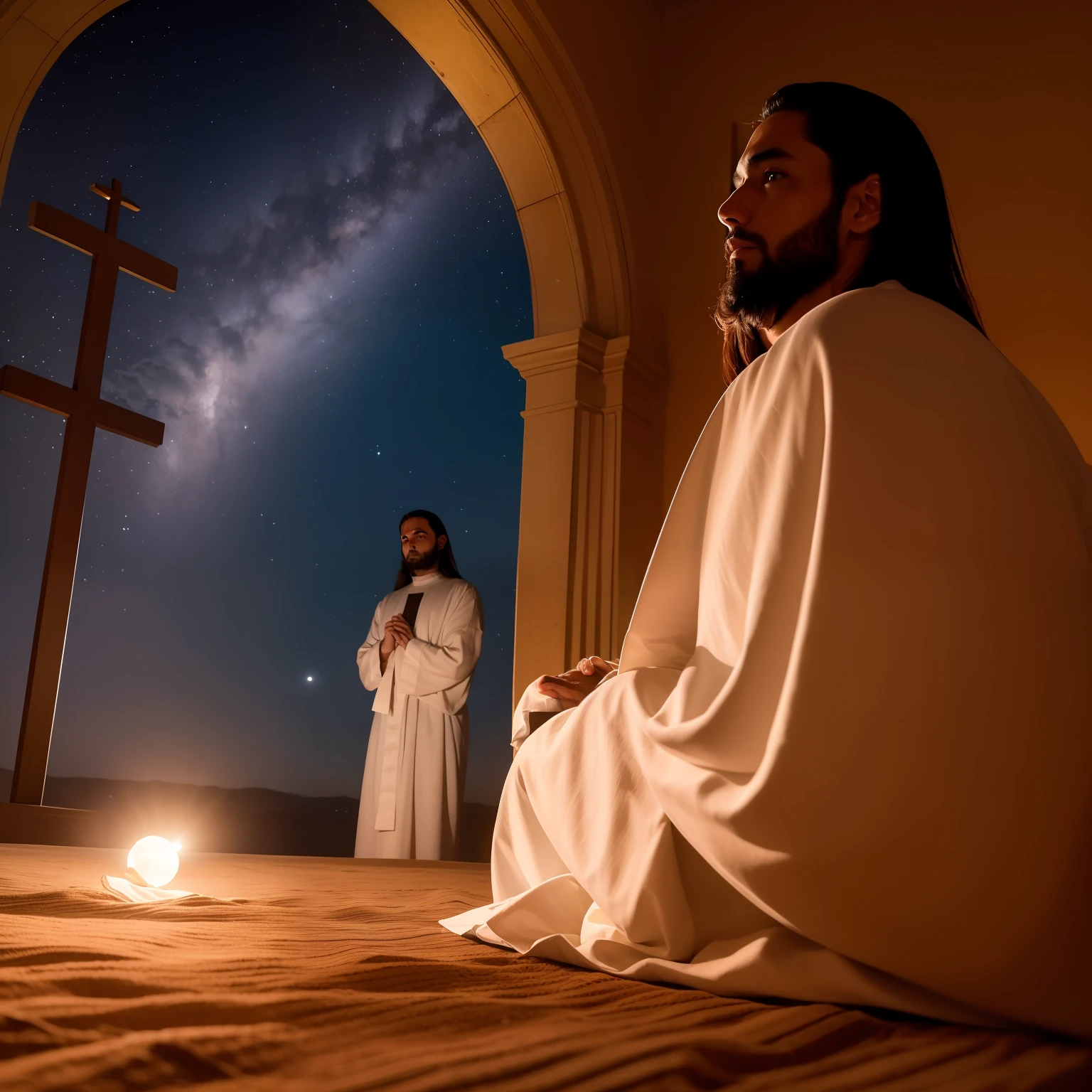 homen Jesus, praying, ceu de noite com lua e estrelas, dentro da igreja