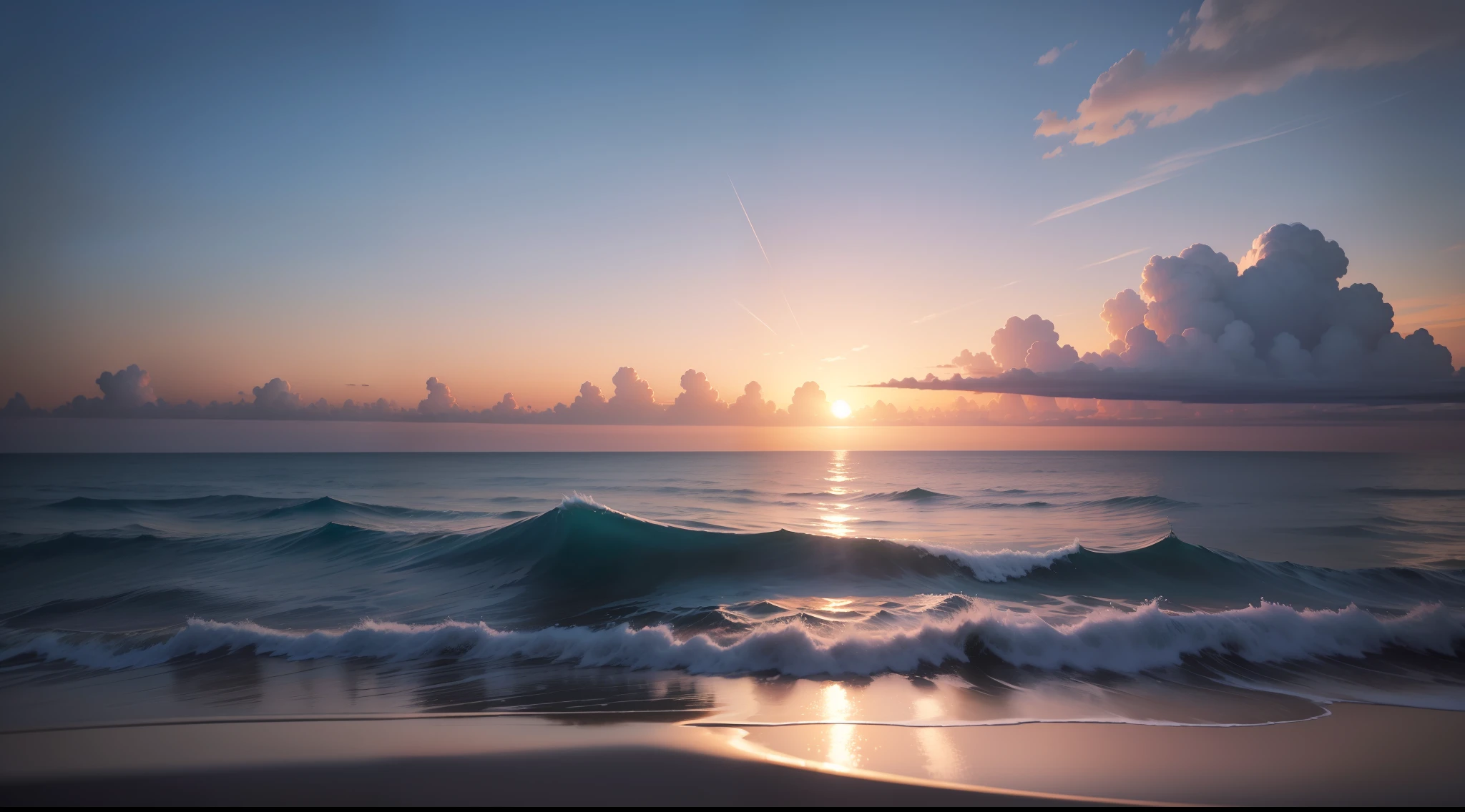 Dawn in the azure sky、Fantastic、Ethereal、Floating on the horizon、Fantastic、Ethereal、Rising Sun on the Horizon、Photorealism Based Details Widget 1.3, Ultra-detailed depiction、Cinematic shots with HDR effect、Vignette and center screen、Generate in automatic mode
