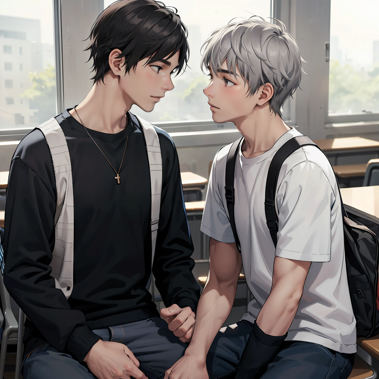 Two 15-year-old teenage friends with Latin skin and light gray hair at school are talking about an important topic are friends almost like brothers.......