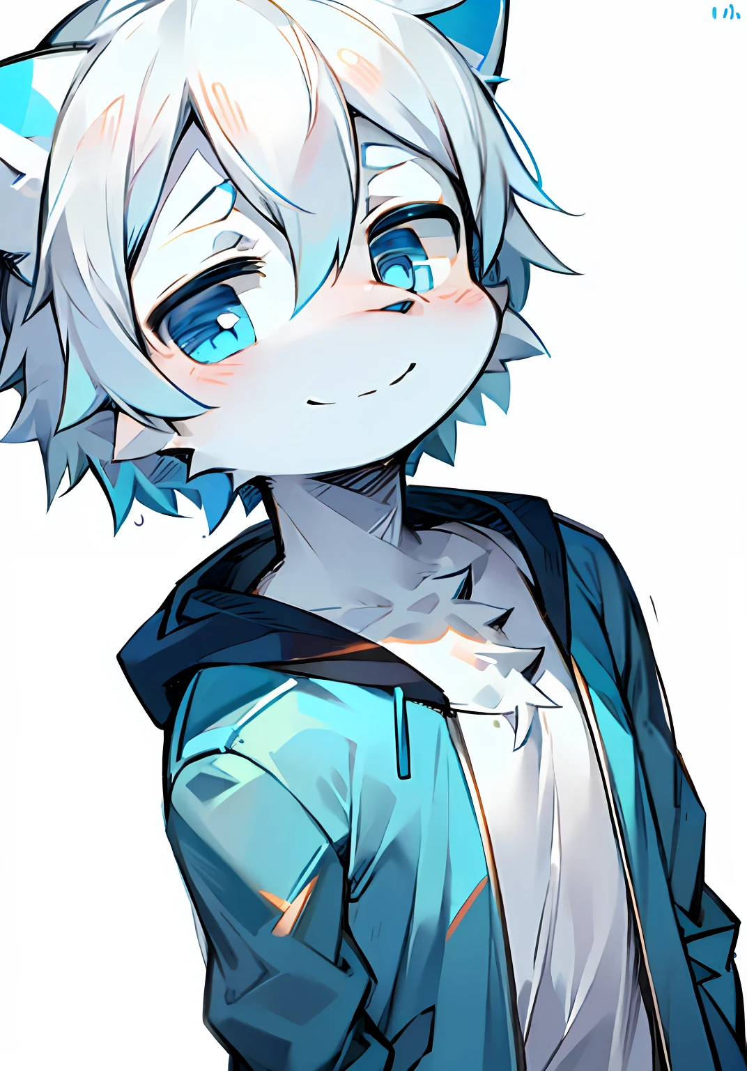 1boy(Shyness 1.2)Light blue eyes,White hair,Light blue baseball jacket,Male cute,with a pure white background,The upper part of the body,(smile1.0)